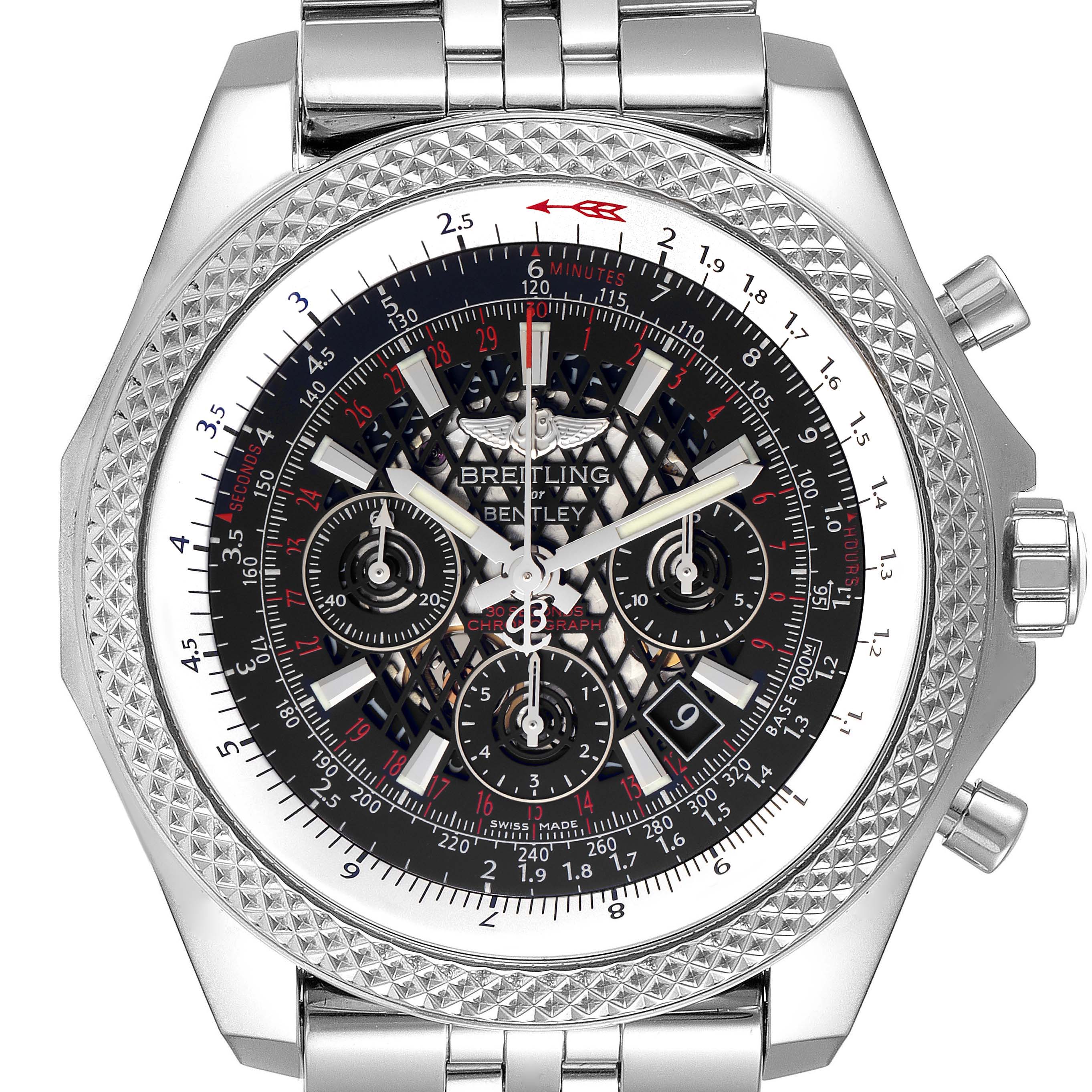 This image shows a front view of the Breitling Bentley AB061112.BD80.990A Men's Stainless Steel Black Dial AB061112.BD80.990A Men's Stainless Steel Black Dial watch, highlighting the detailed face and chronograph dials.