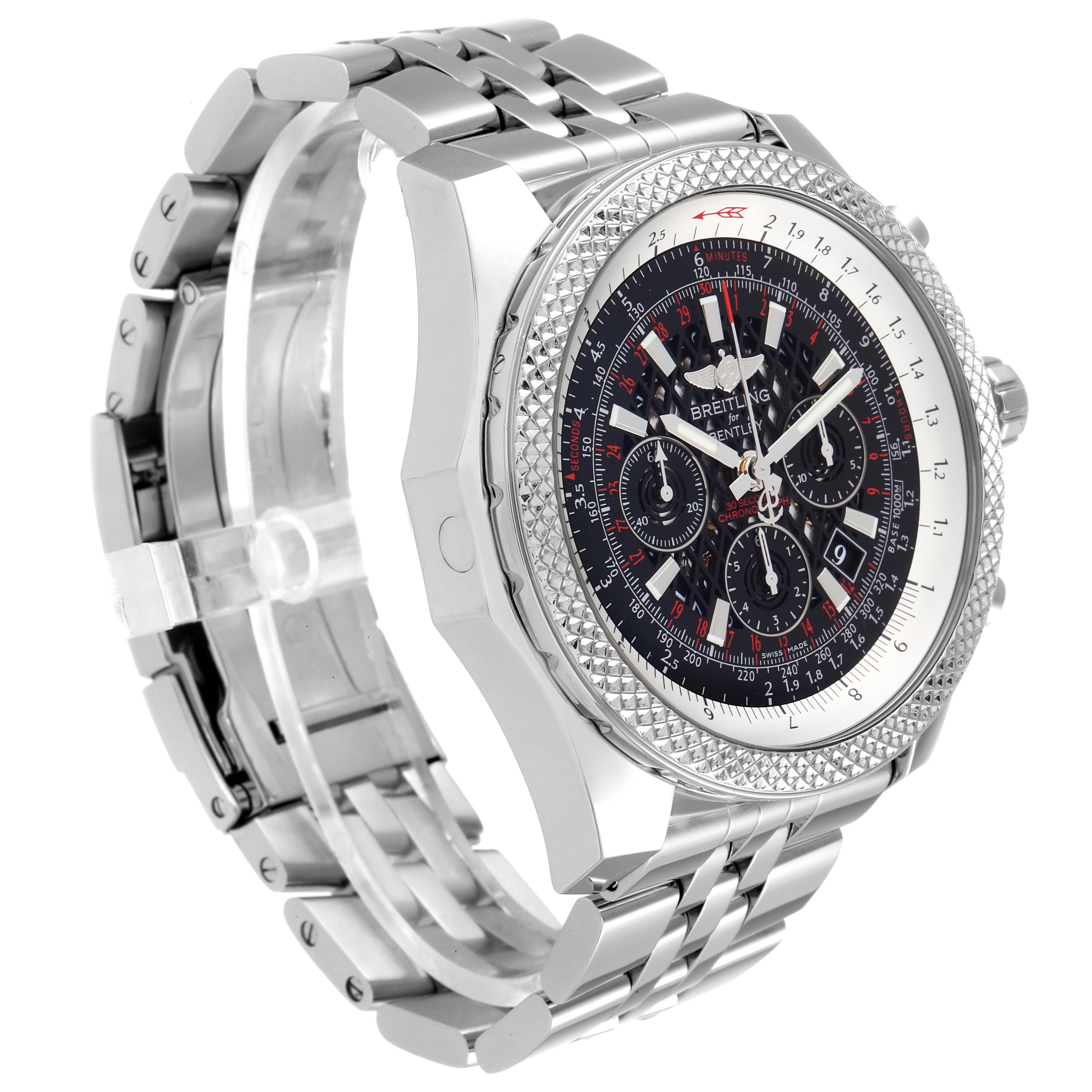 The Bentley model by Breitling is shown at an angle displaying its watch face, bezel, and metal bracelet.