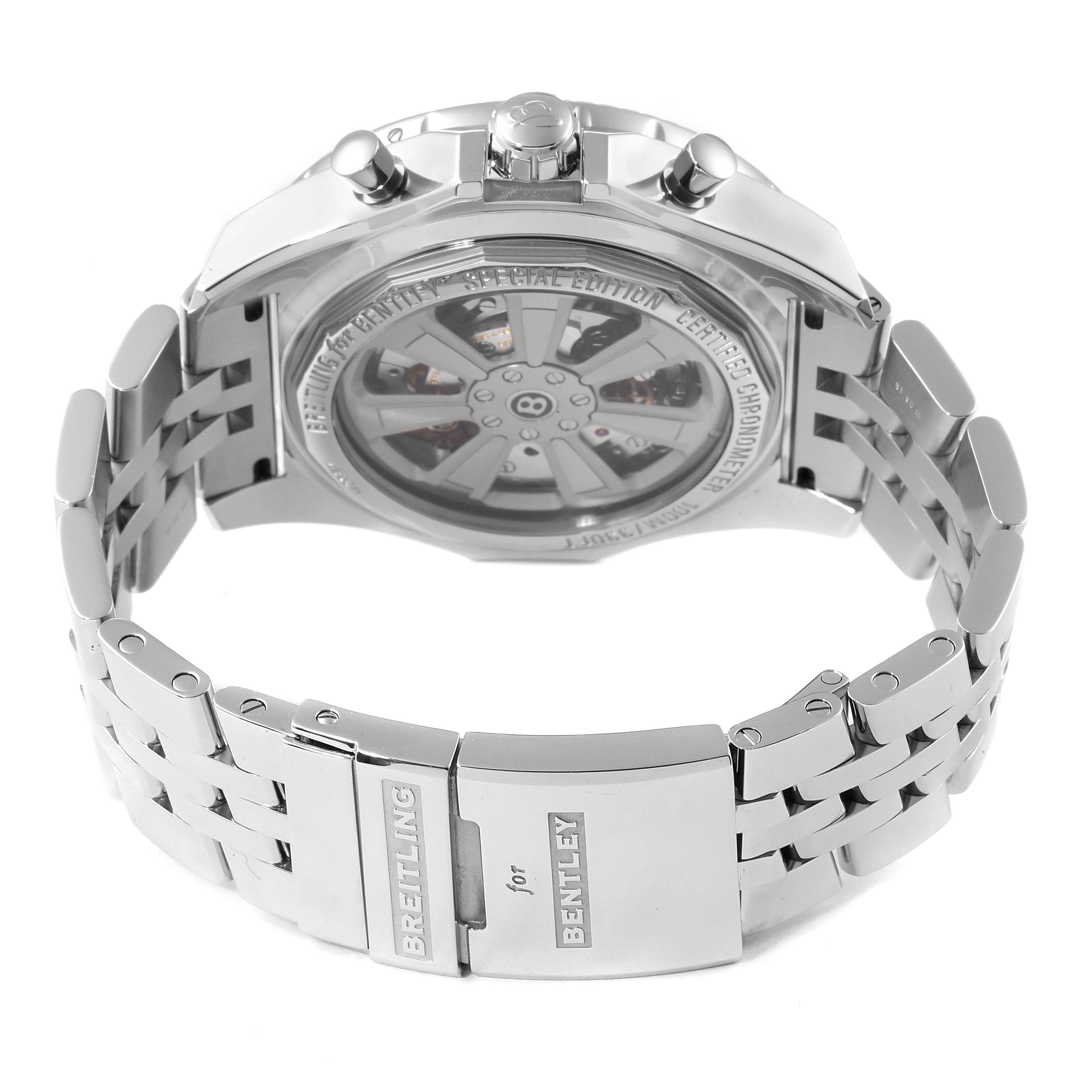 The image shows the back view of a Breitling Bentley AB061112.BD80.990A Men's Stainless Steel Black Dial AB061112.BD80.990A Men's Stainless Steel Black Dial watch, highlighting the bracelet, clasp, and case back.