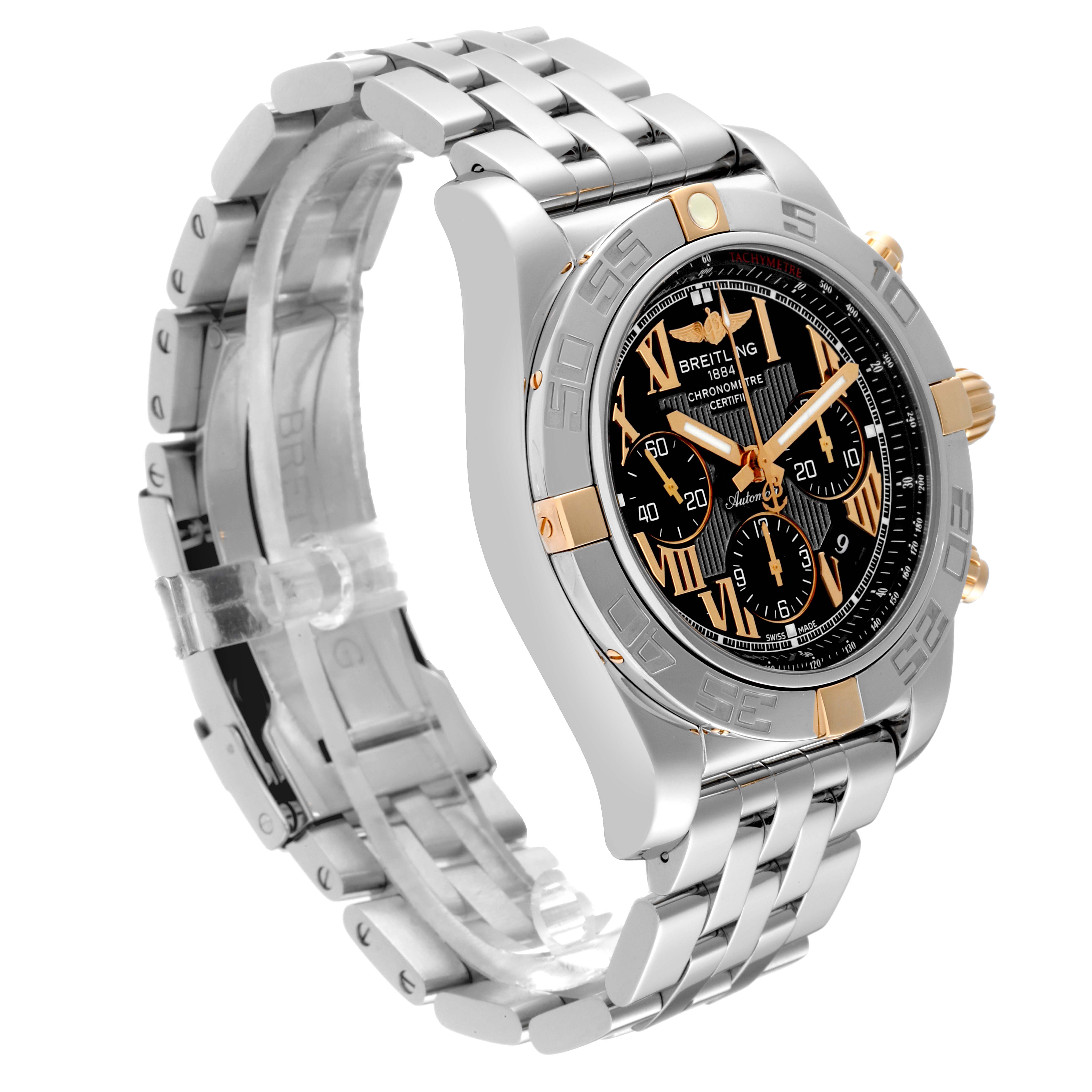 The image shows a side view and parts of the bracelet and bezel of a Breitling Chronomat IB0110 Men's Stainless Steel Black Dial IB0110 Men's Stainless Steel Black Dial watch.