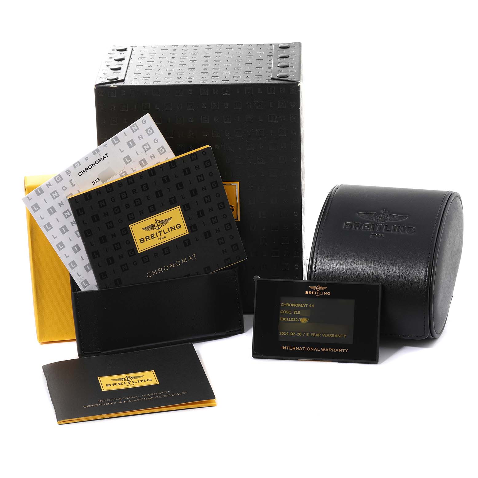 The image shows the packaging, manuals, warranty card, and leather case for the Breitling Chronomat IB0110 Men's Stainless Steel Black Dial IB0110 Men's Stainless Steel Black Dial watch model.