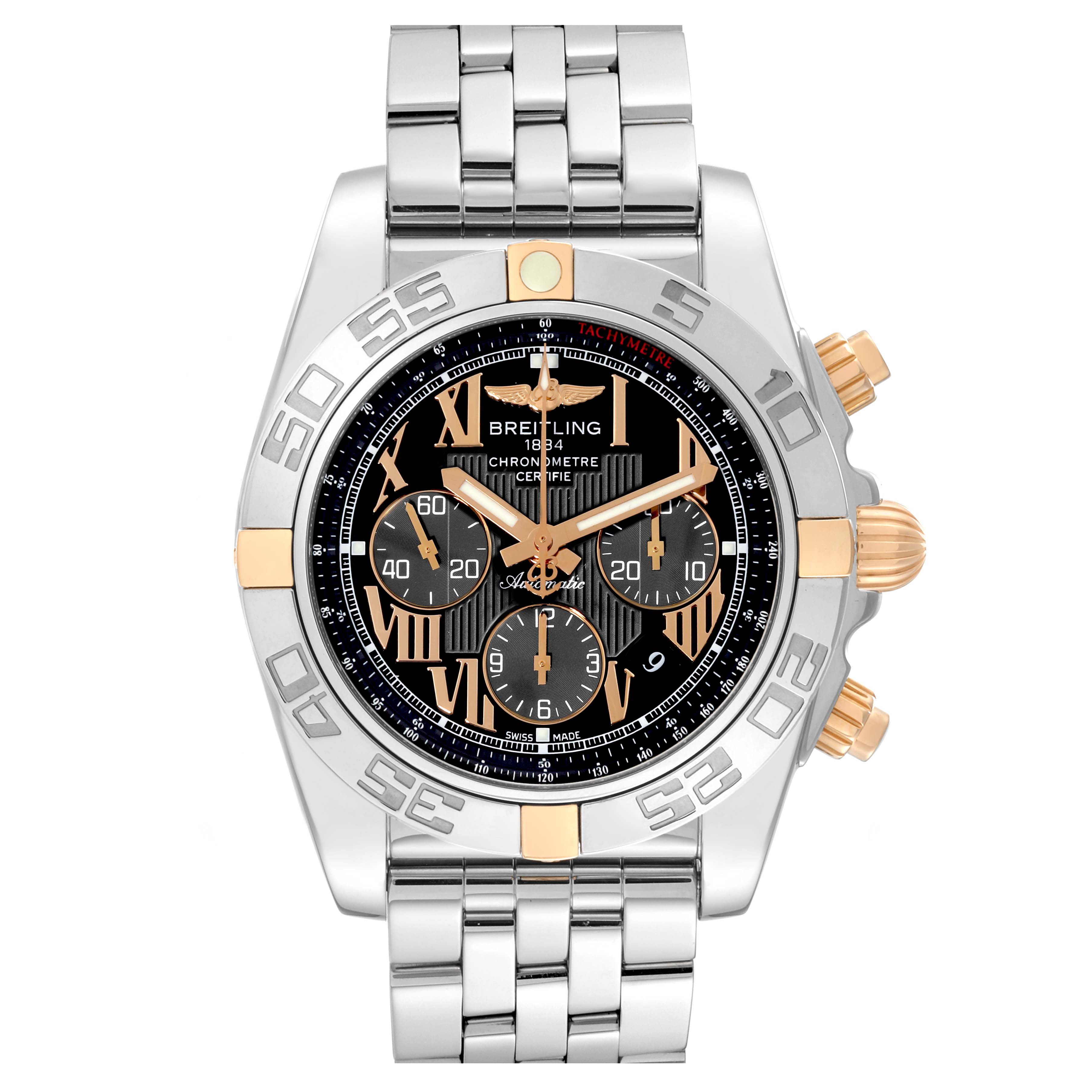This image shows a front view of the Breitling Chronomat IB0110 Men's Stainless Steel Black Dial IB0110 Men's Stainless Steel Black Dial watch, featuring a metal bracelet, bezel, and chronograph subdials.