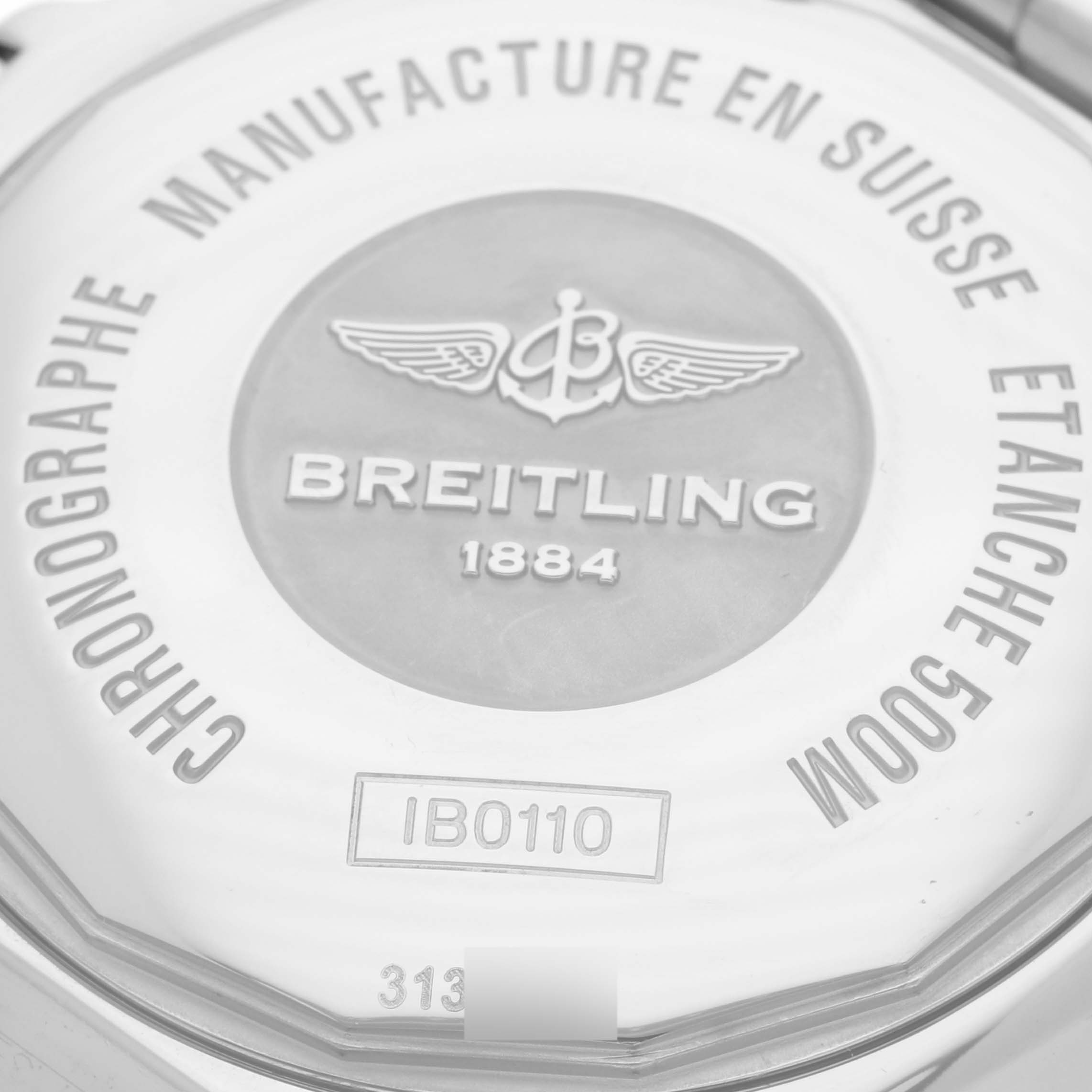 The image displays the back case of a Breitling Chronomat IB0110 Men's Stainless Steel Black Dial IB0110 Men's Stainless Steel Black Dial watch, highlighting the brand logo, model details, and water resistance.