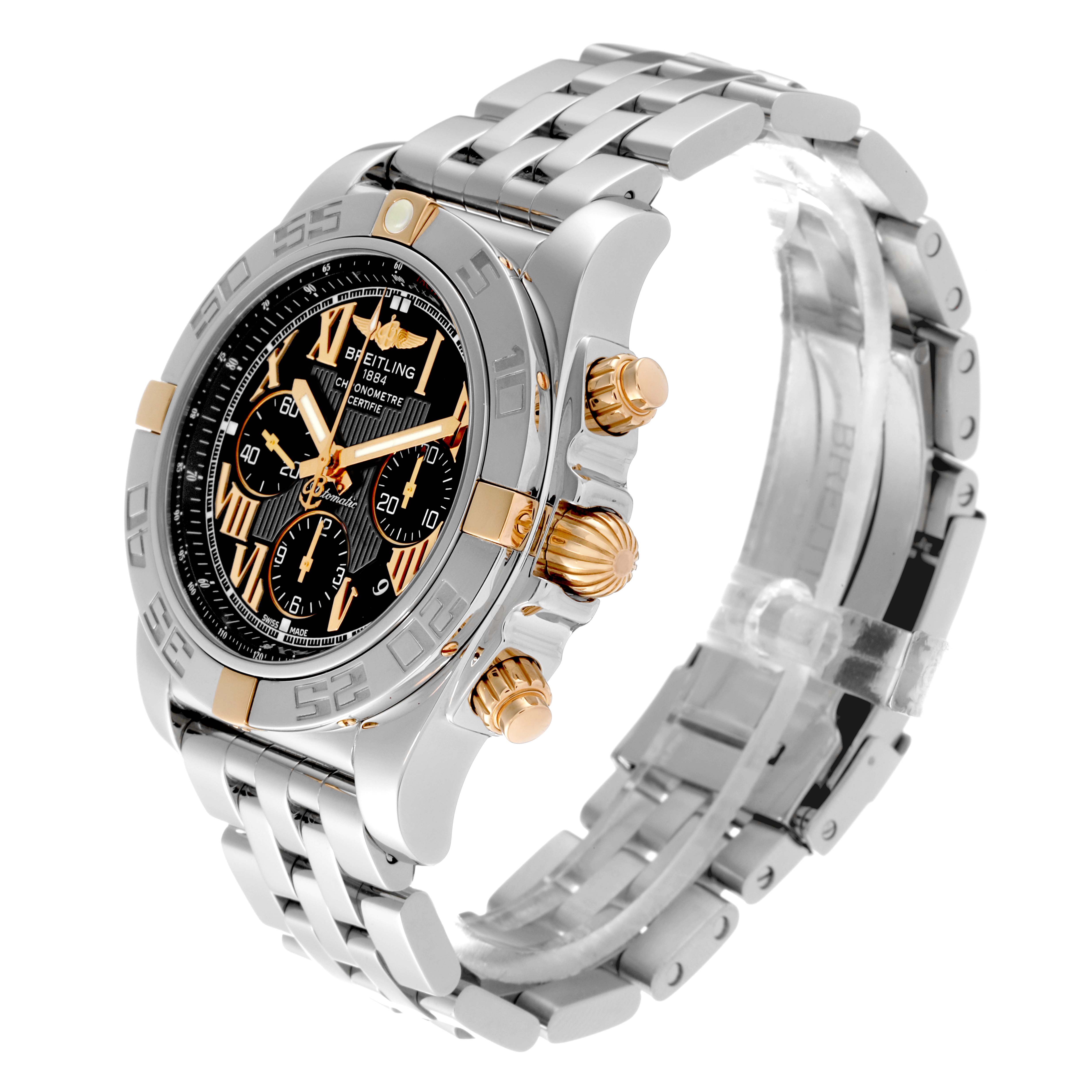 The Breitling Chronomat IB0110 Men's Stainless Steel Black Dial IB0110 Men's Stainless Steel Black Dial watch is shown at an angle highlighting its face, bezel, crown, and part of the bracelet.