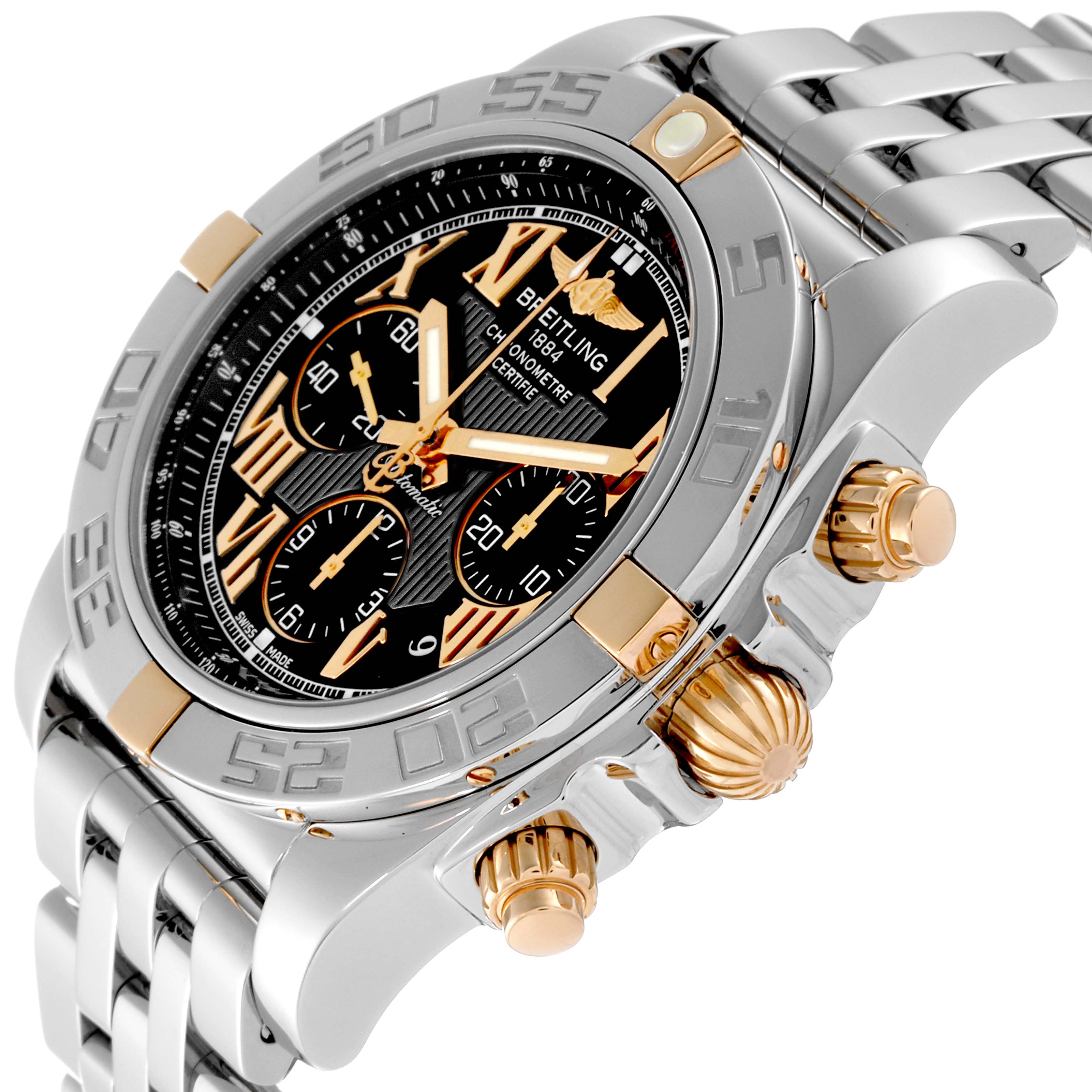 The image showcases a Breitling Chronomat IB0110 Men's Stainless Steel Black Dial IB0110 Men's Stainless Steel Black Dial watch at an oblique angle, highlighting the face, bezel, pushers, crown, and bracelet.