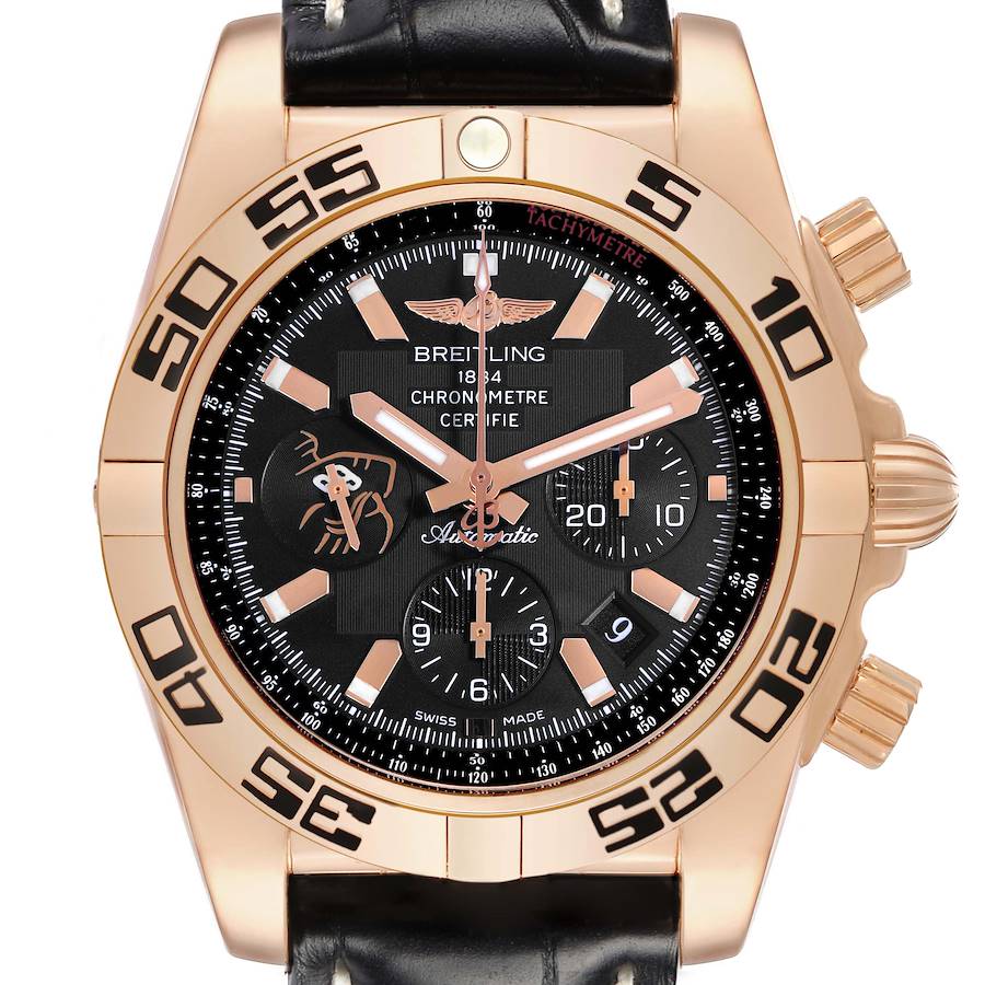 The Breitling Chronomat watch is shown from a front angle, displaying its face, bezel, and pushers clearly.