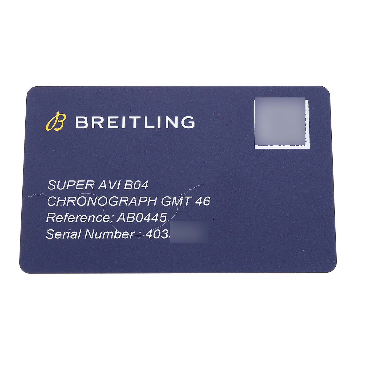 The image shows a warranty card for the Breitling Aviator AB0445 Men's Stainless Steel Black Dial Super AVI B04 Chronograph GMT 46, displaying reference and serial numbers.
