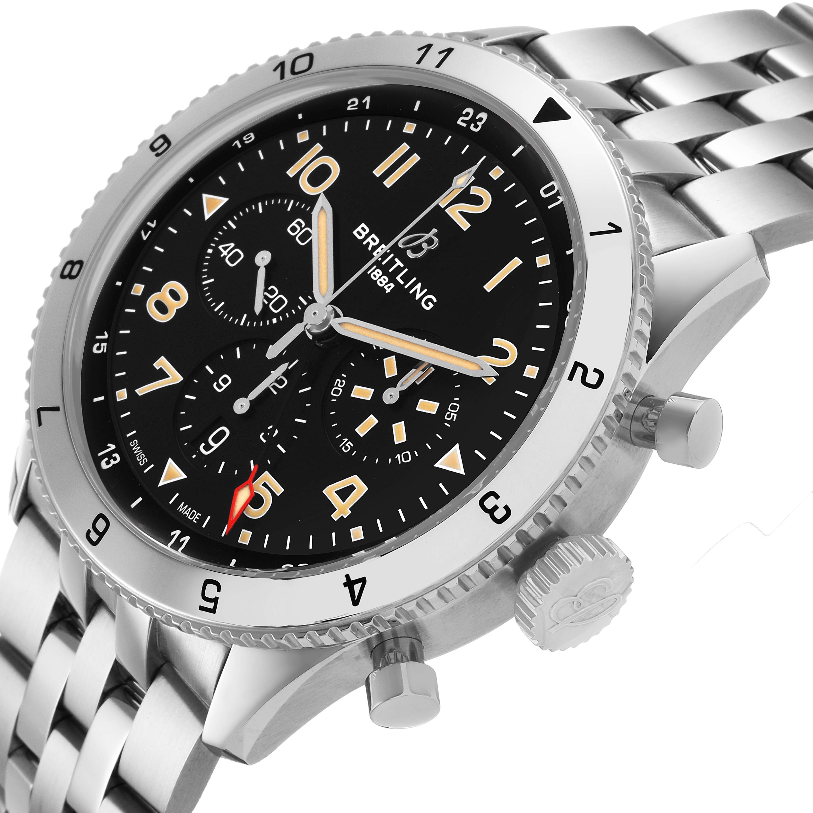 The Breitling Aviator AB0445 Men's Stainless Steel Black Dial watch is shown at a slight angle, displaying the dial, bezel, crown, and part of the bracelet.