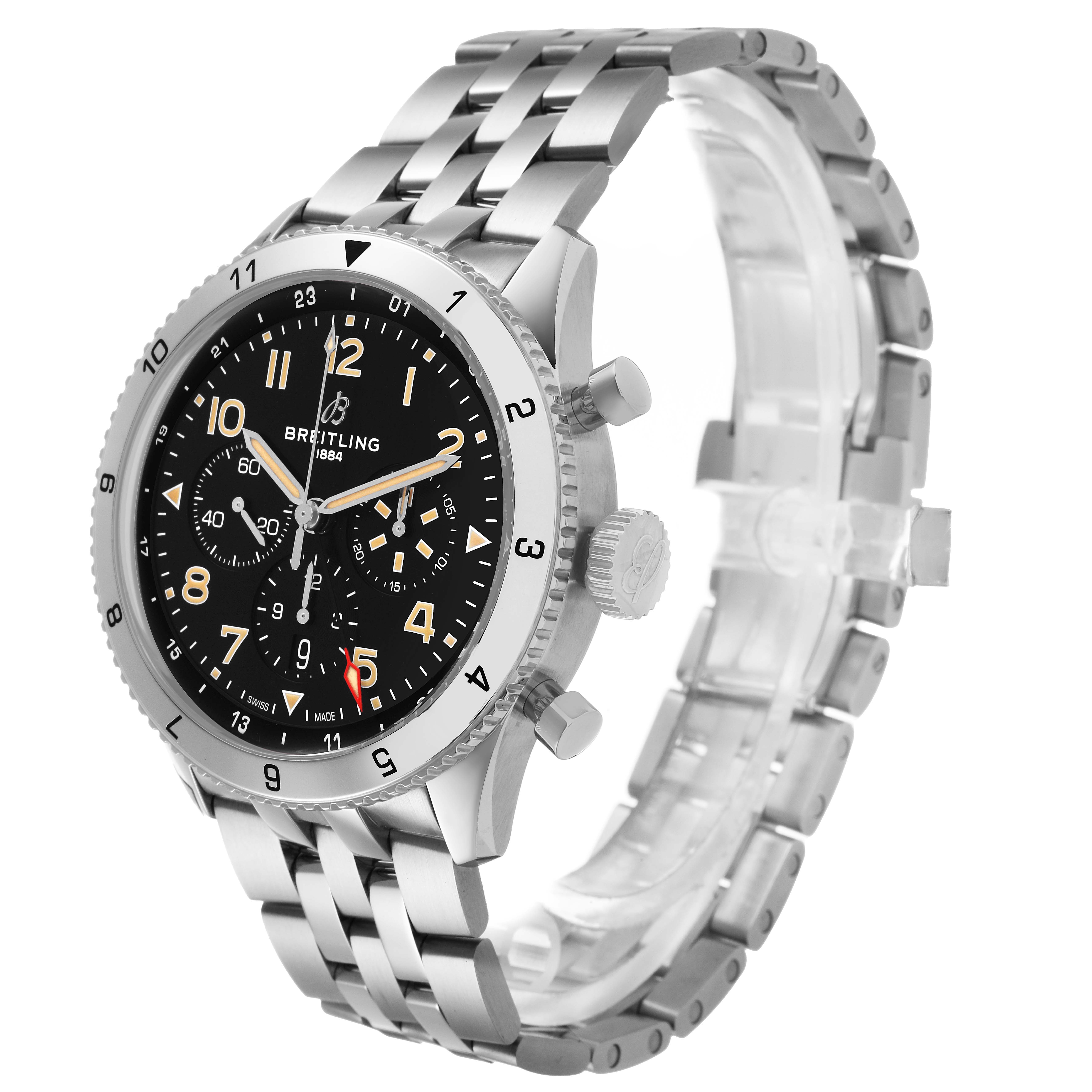The Breitling Aviator AB0445 Men's Stainless Steel Black Dial watch is shown at a slight angle, highlighting its face, bezel, crown, and metal bracelet.
