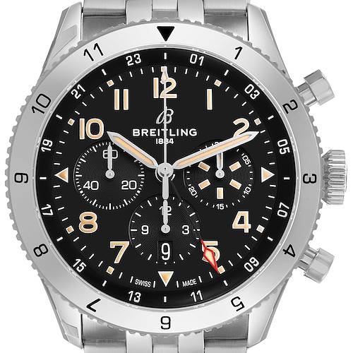 The Breitling Aviator AB0445 Men's Stainless Steel Black Dial watch is shown from the front, featuring its dial, bezel, and crown.