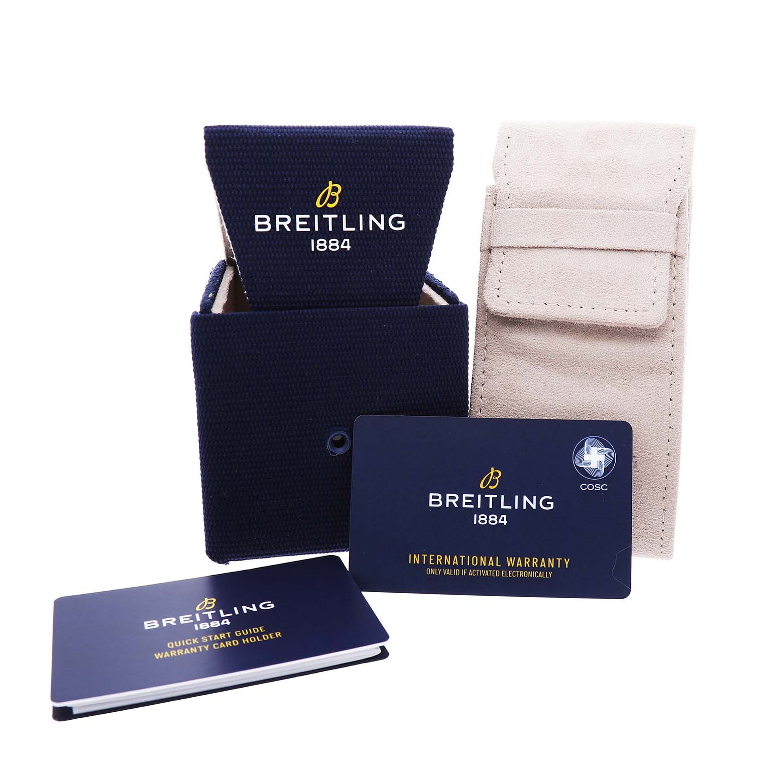 The image shows Breitling Aviator AB0445 Men's Stainless Steel Black Dial model packaging, a beige pouch, and warranty cards at an angle.
