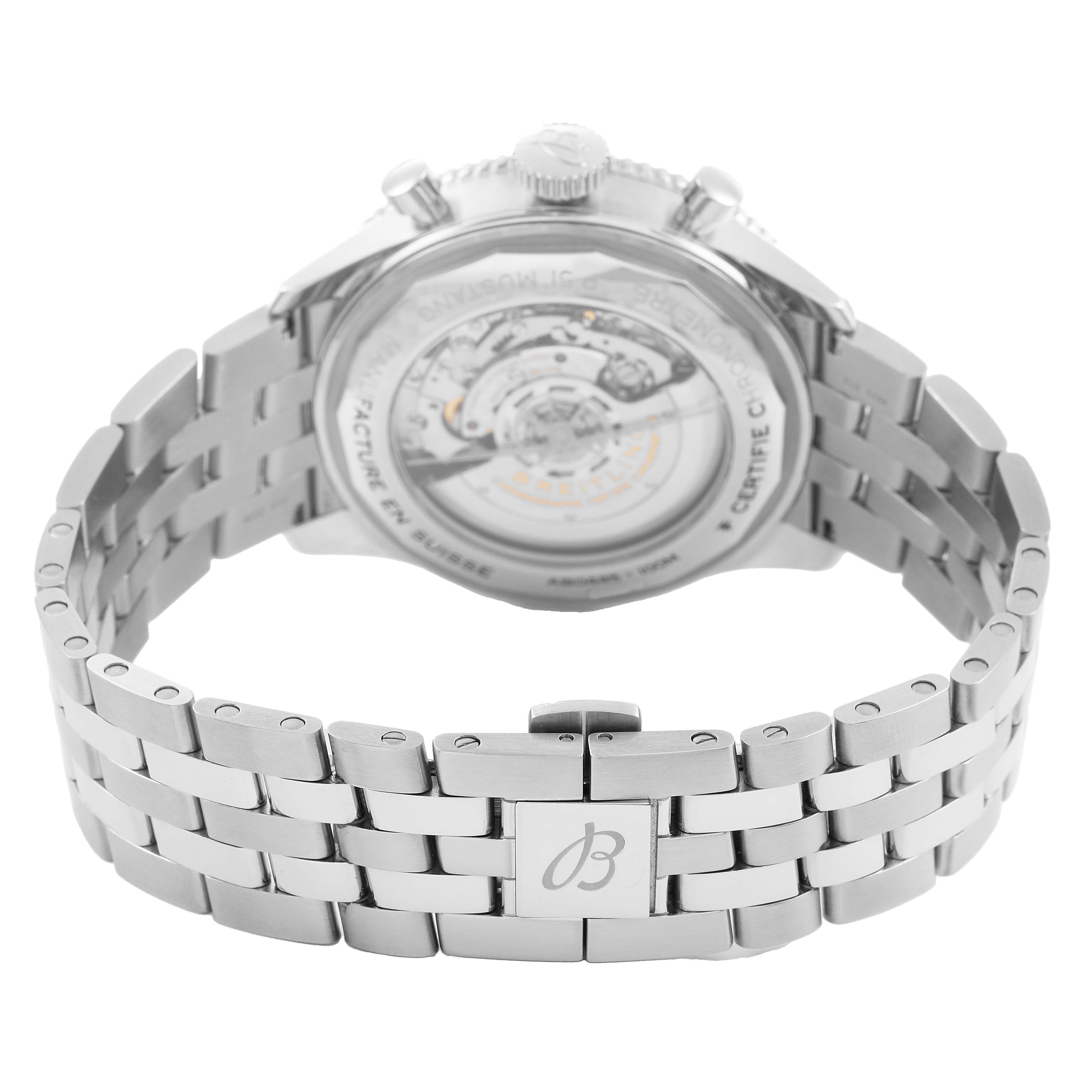 The image shows the back view of a Breitling Aviator AB0445 Men's Stainless Steel Black Dial watch, featuring its open case back and metal bracelet.