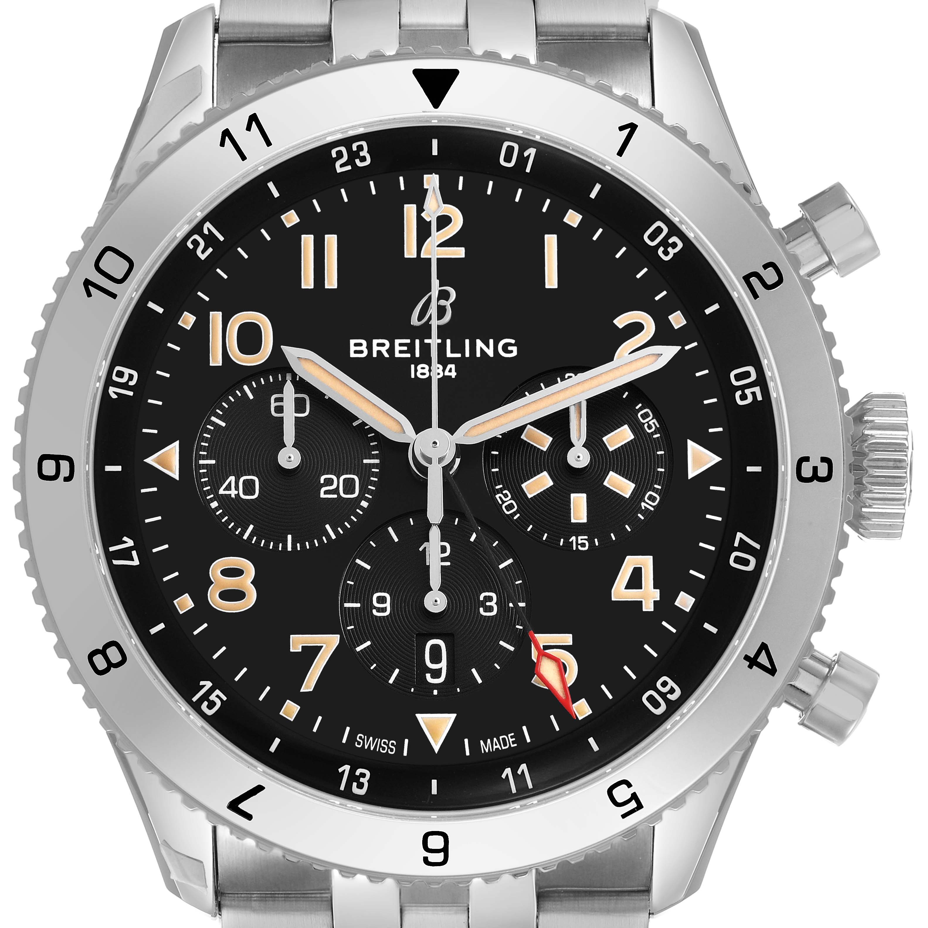 The Breitling Aviator AB0445 Men's Stainless Steel Black Dial watch is shown from the front, highlighting the bezel, dial, subdials, hands, and crown.