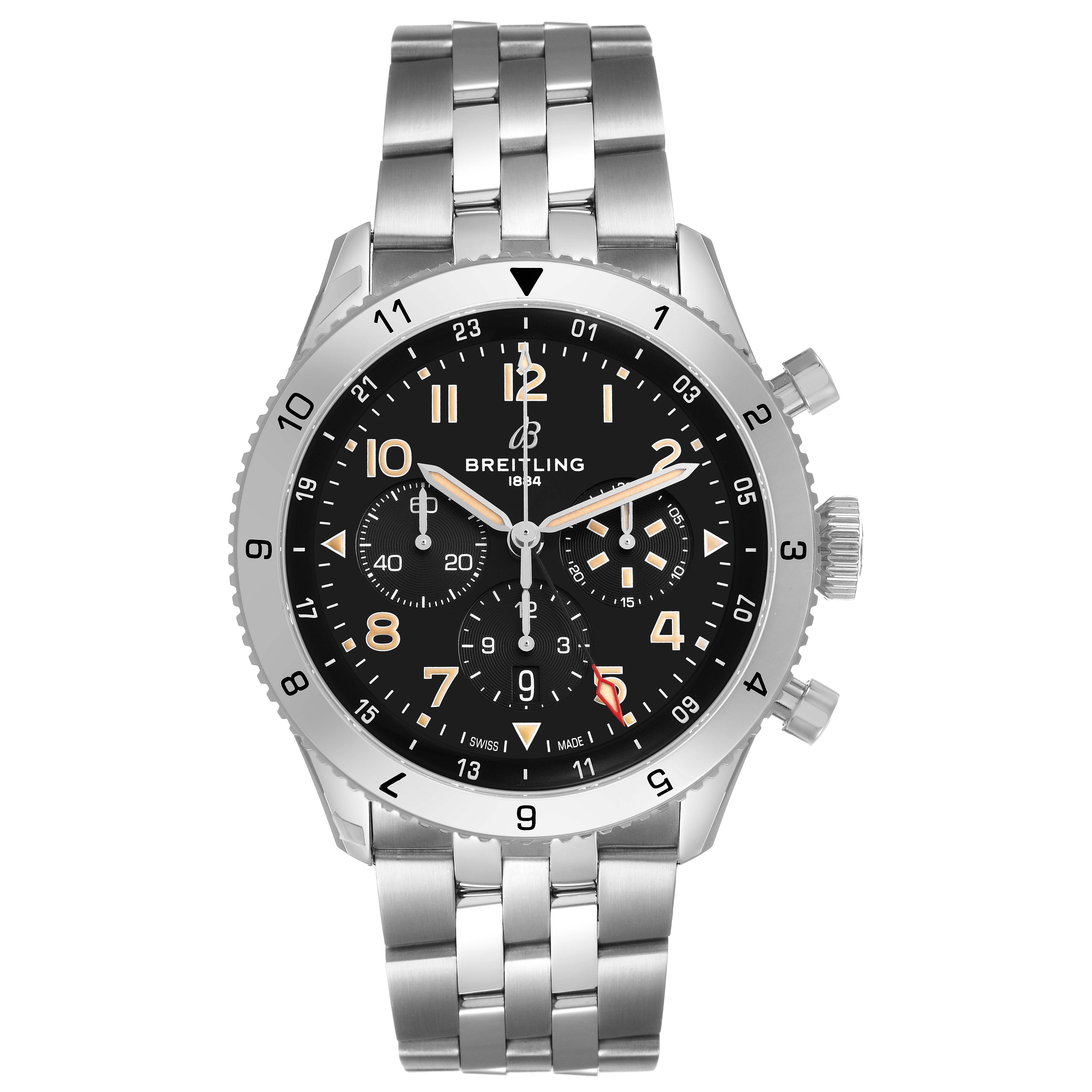 The Breitling Aviator AB0445 Men's Stainless Steel Black Dial watch is shown from a front angle, displaying its face, bezel, crown, and metal bracelet.
