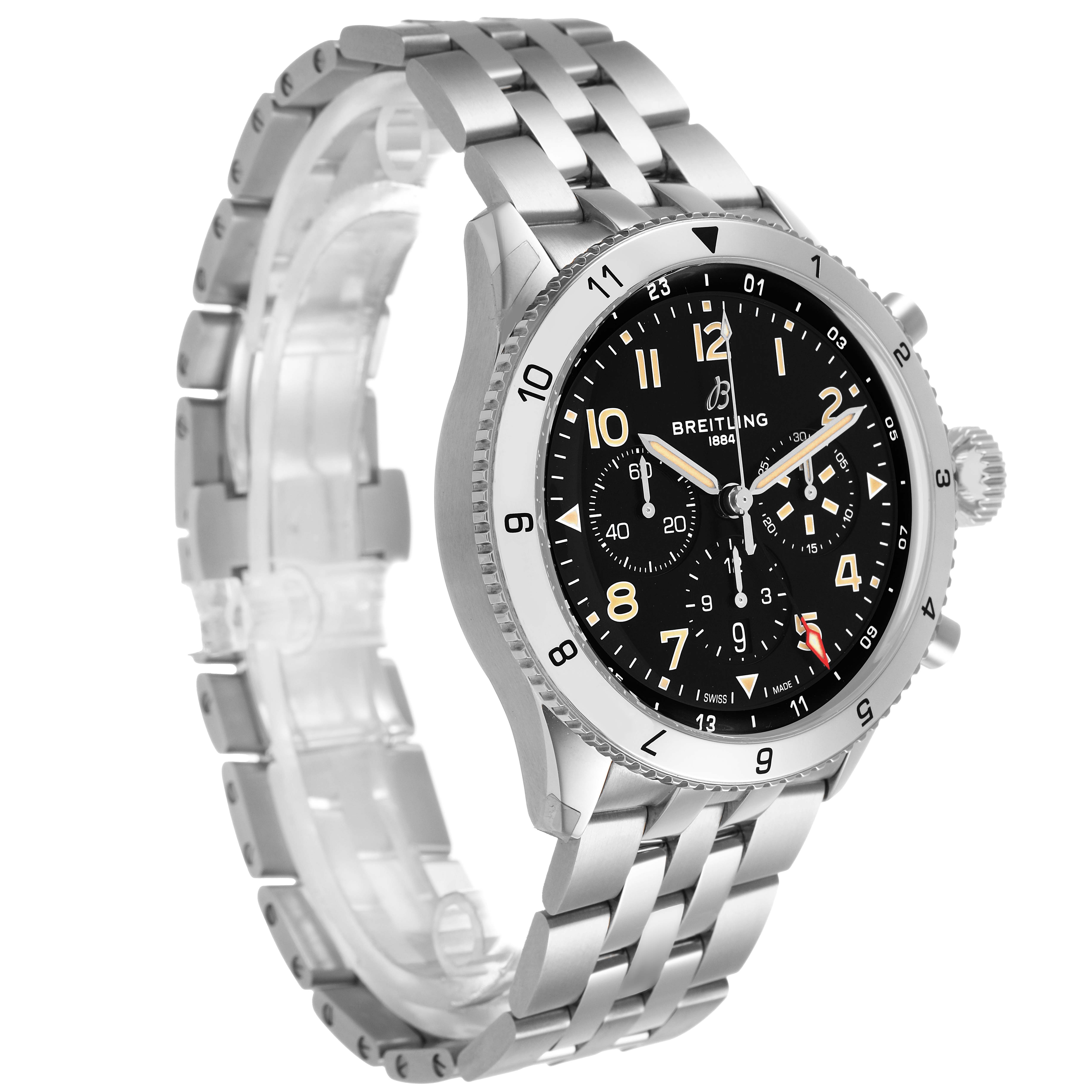 The Breitling Aviator AB0445 Men's Stainless Steel Black Dial watch is shown at a three-quarter angle, highlighting the black dial, bezel, and stainless steel bracelet.