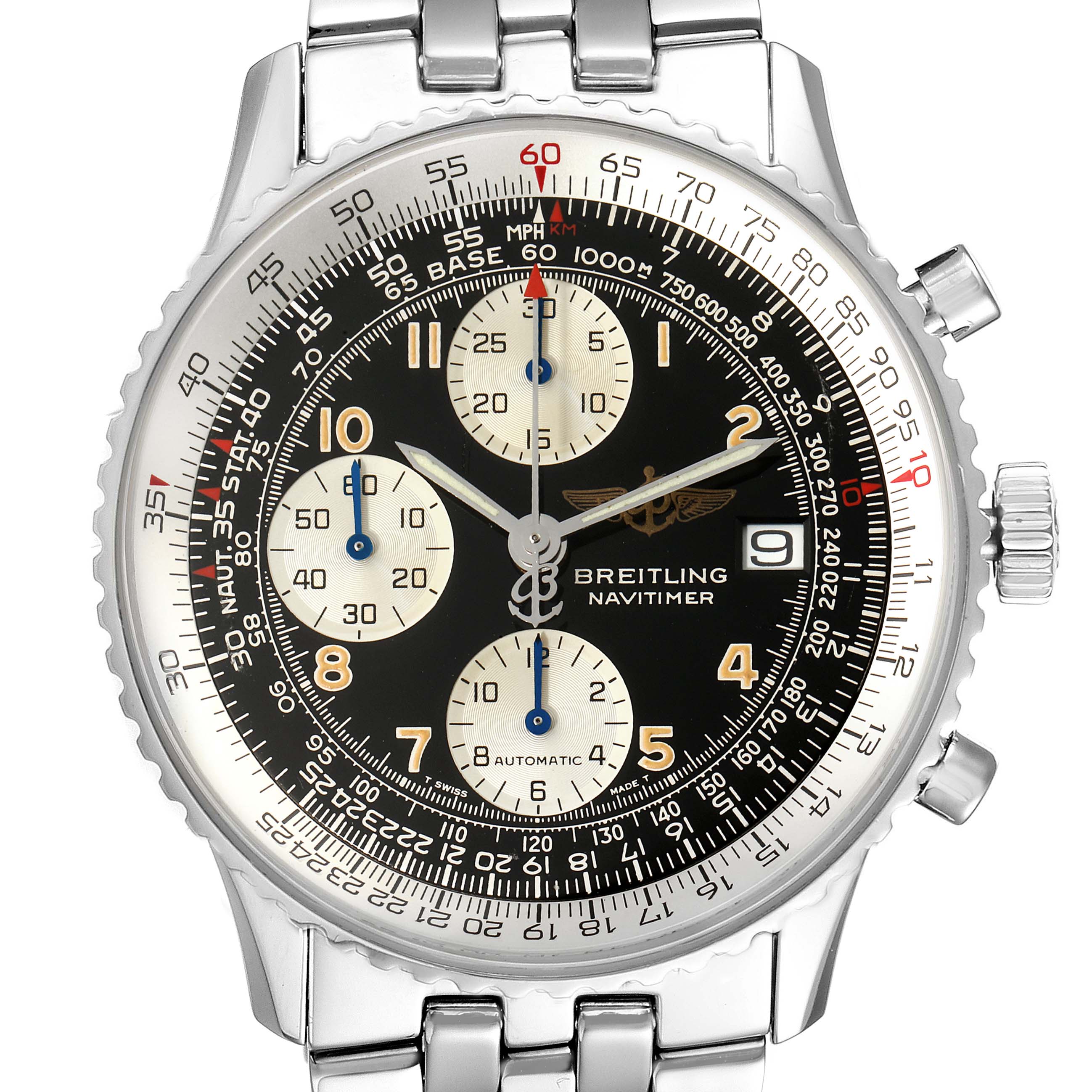The image shows a front view of a Breitling Navitimer A13022 Men's Stainless Steel Black Dial A13022 Men's Stainless Steel Black Dial watch displaying its dial, bezel, crown, and part of the bracelet.