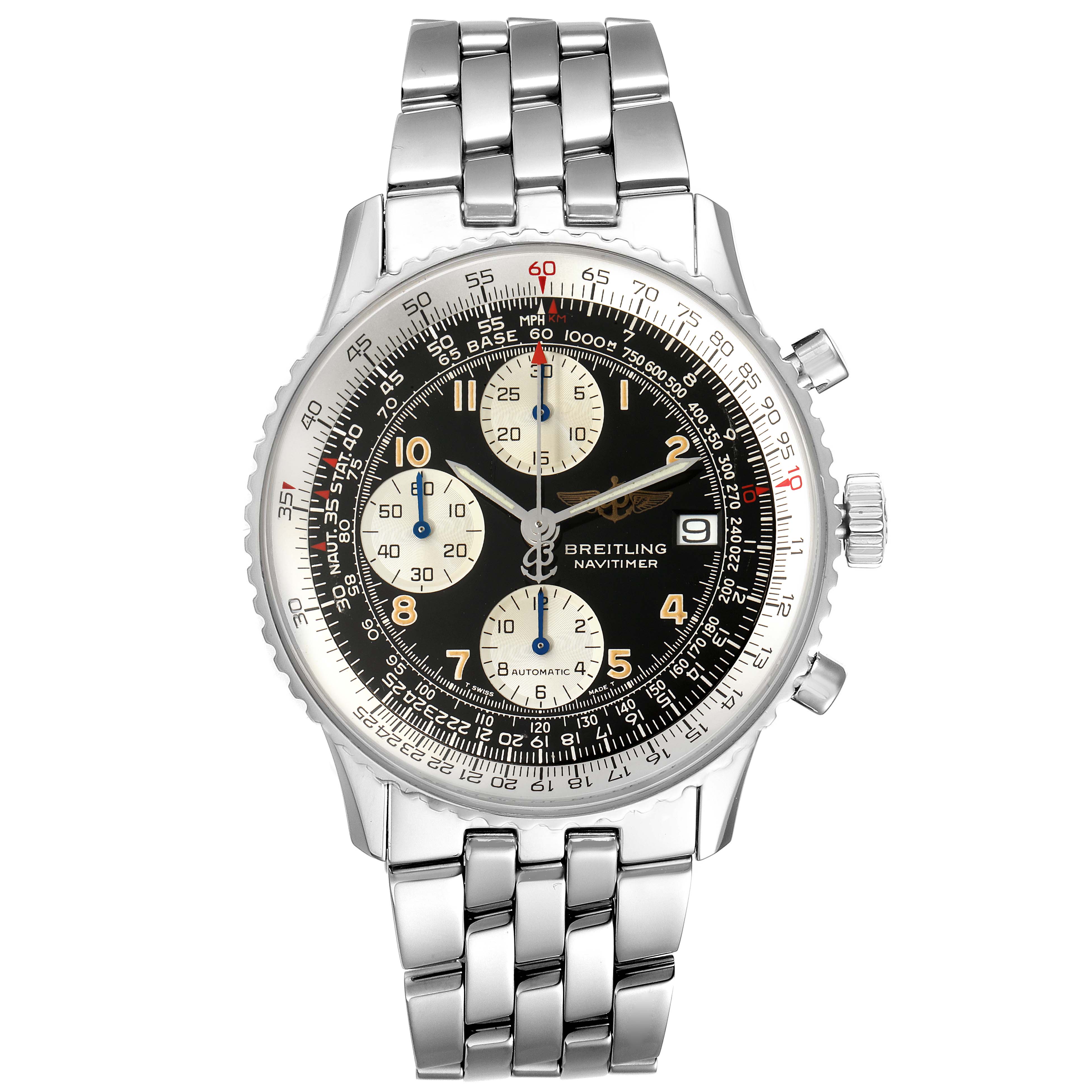 The image shows a front view of a Breitling Navitimer A13022 Men's Stainless Steel Black Dial A13022 Men's Stainless Steel Black Dial watch with a black dial, steel bracelet, and multiple sub-dials.