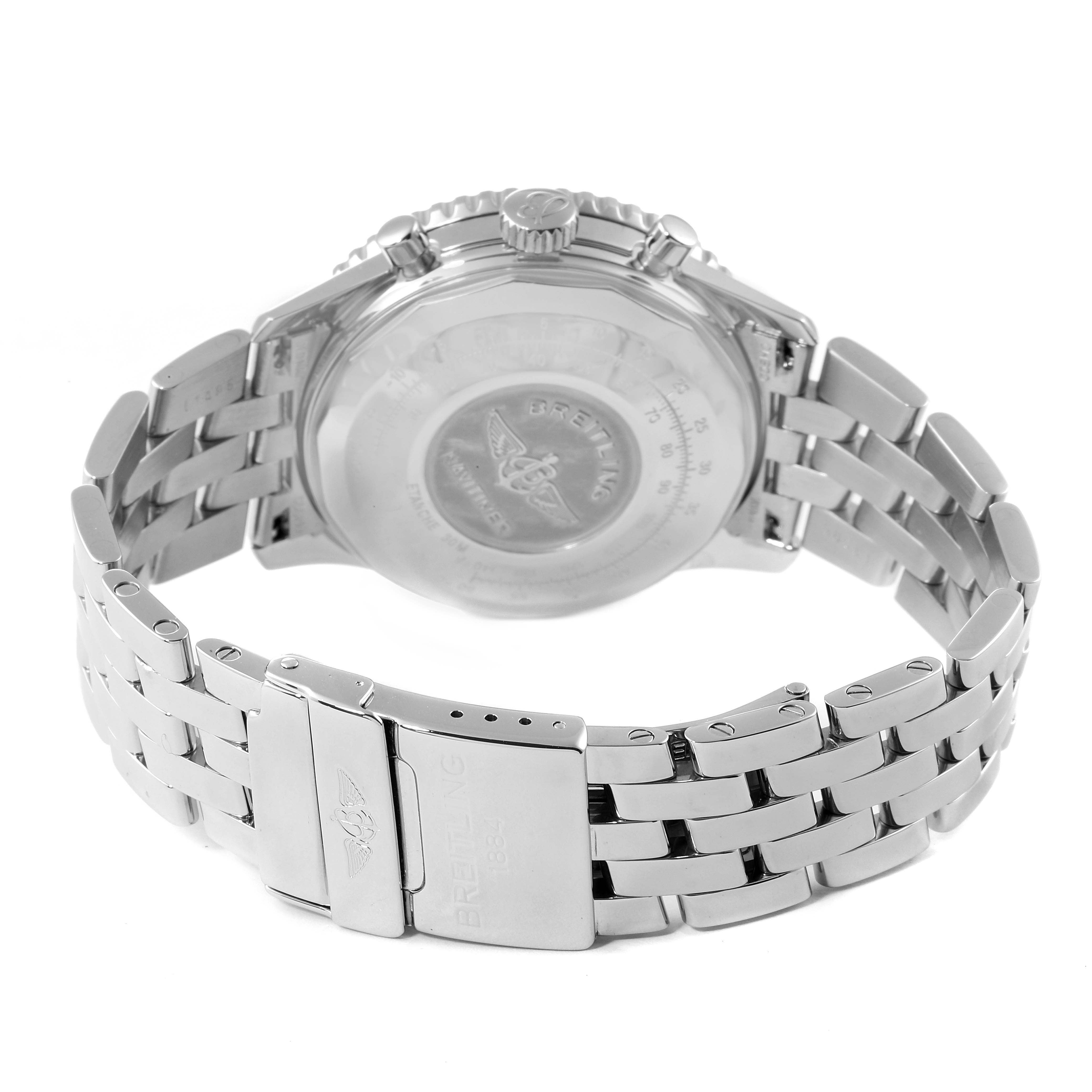 This image shows the back and clasp of a Breitling Navitimer A13022 Men's Stainless Steel Black Dial A13022 Men's Stainless Steel Black Dial watch, featuring its bracelet and signed clasp.