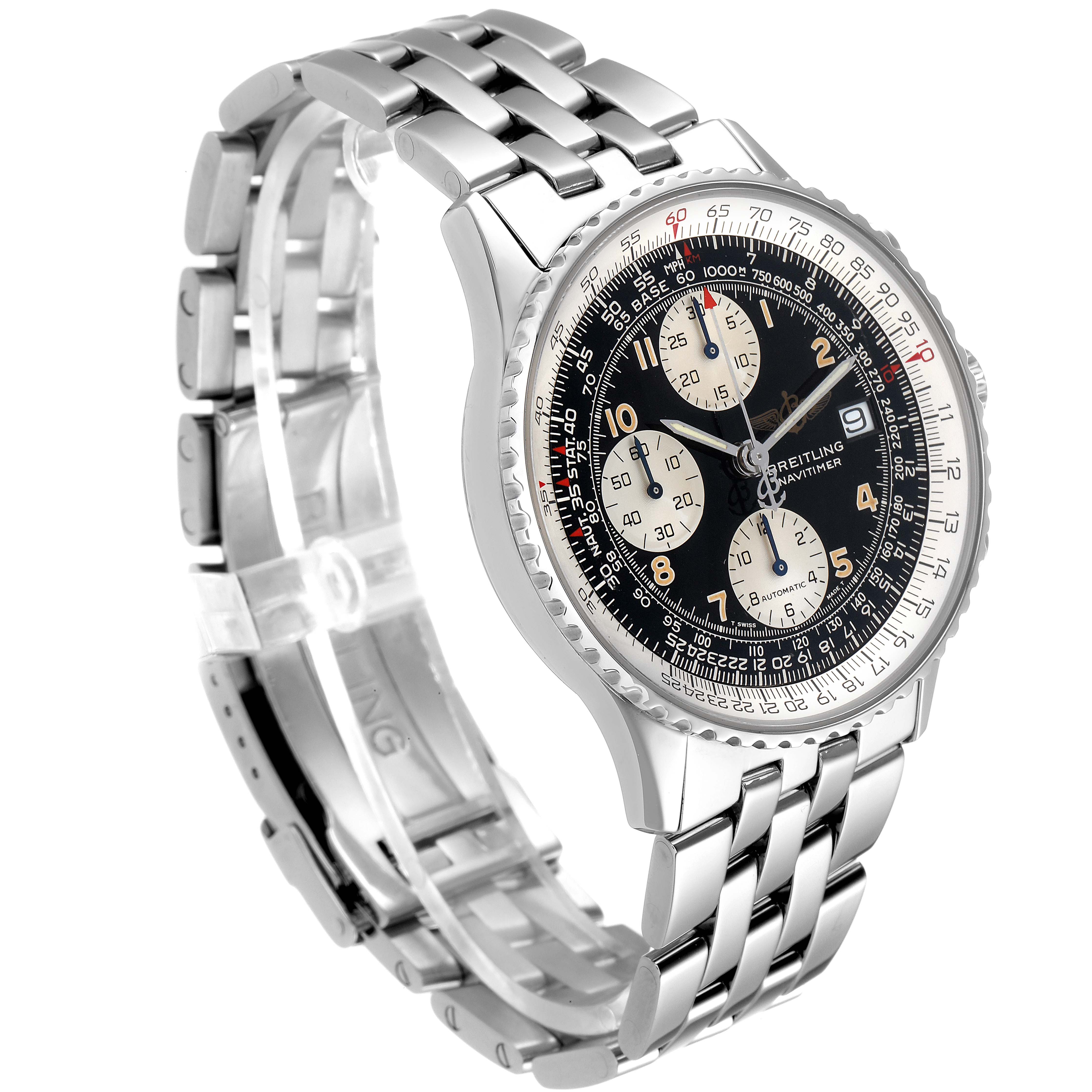 The Breitling Navitimer A13022 Men's Stainless Steel Black Dial A13022 Men's Stainless Steel Black Dial watch is shown at an angle highlighting its face, bezel, and stainless steel bracelet band.