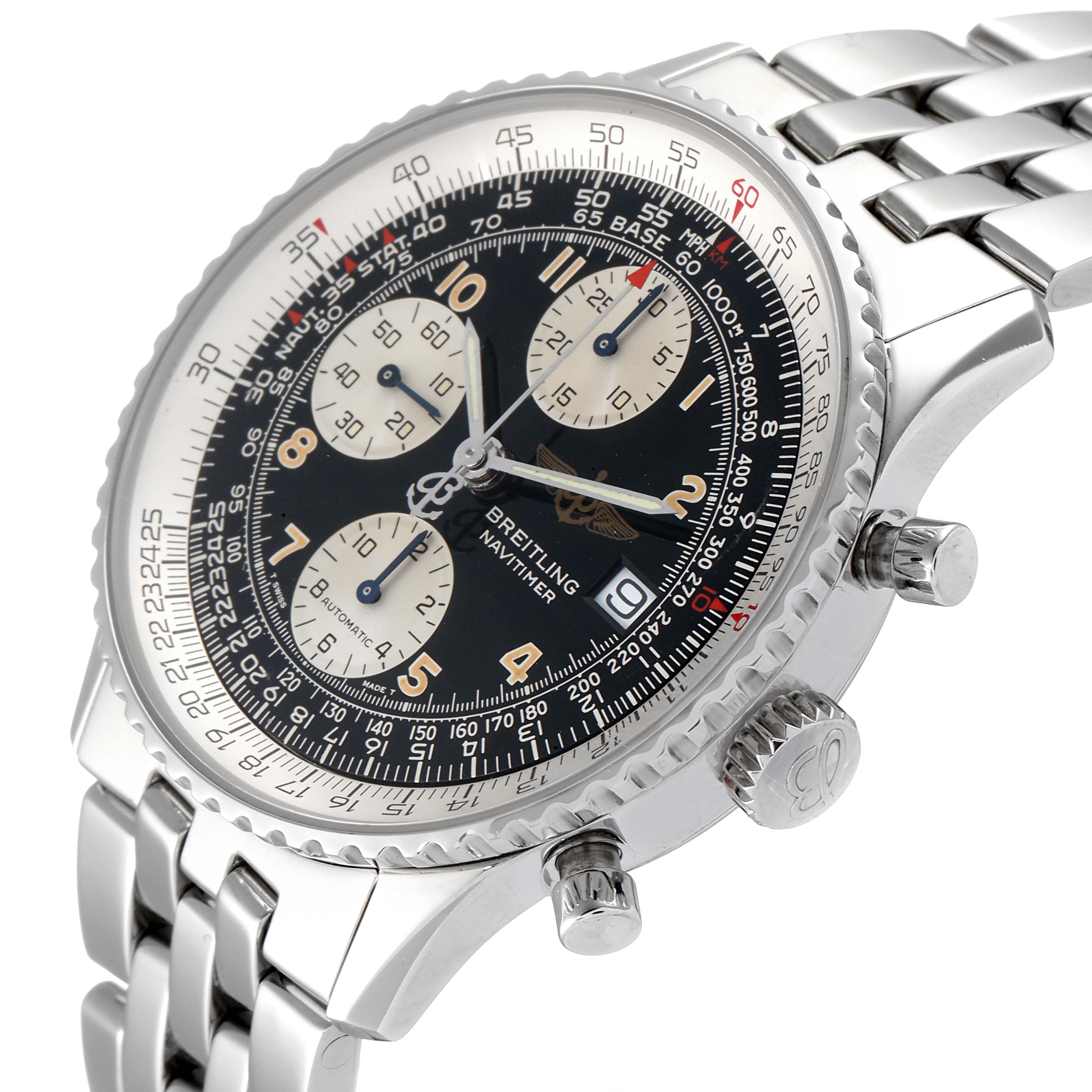 The image shows a Breitling Navitimer A13022 Men's Stainless Steel Black Dial A13022 Men's Stainless Steel Black Dial watch at an angled view, highlighting the dial, bezel, and bracelet.