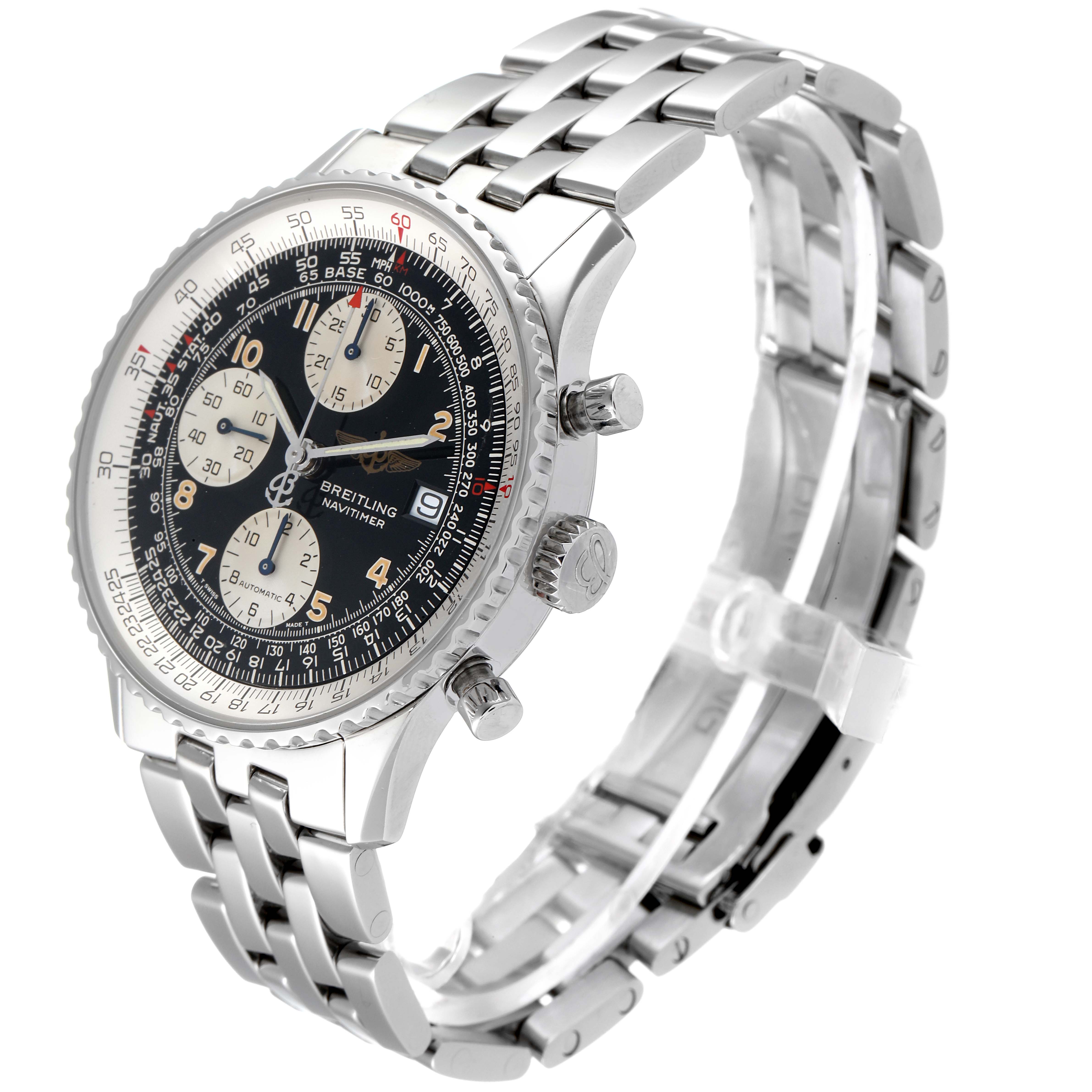 The image shows a side and angled view of the Breitling Navitimer A13022 Men's Stainless Steel Black Dial A13022 Men's Stainless Steel Black Dial watch, highlighting the dial, bezel, and stainless steel bracelet.