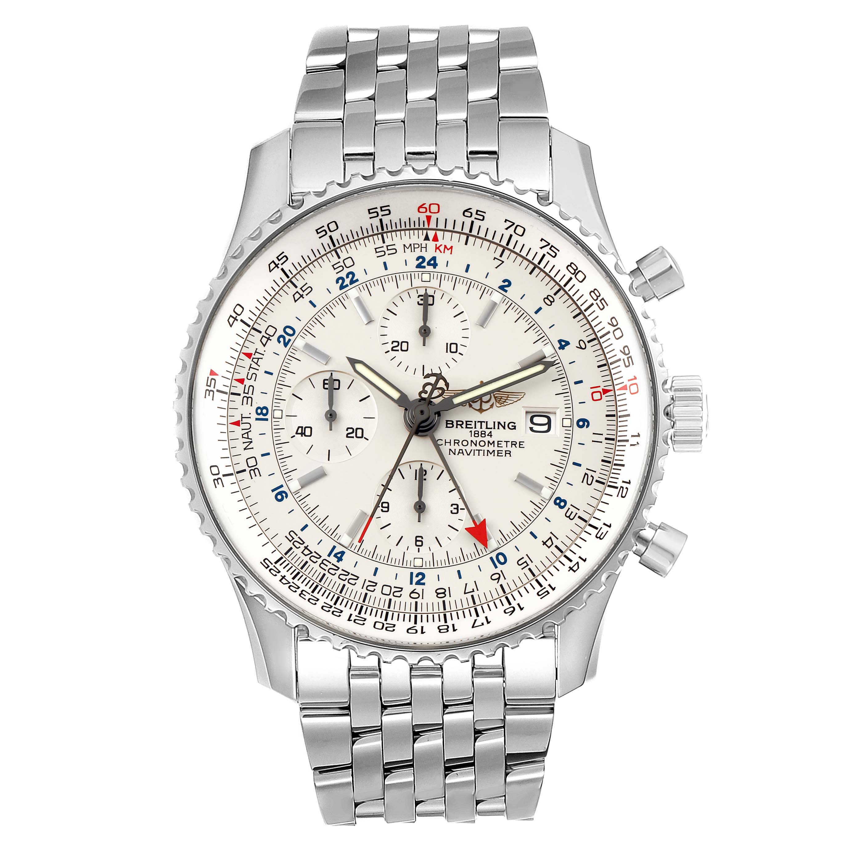 This image shows a Breitling Navitimer A24322 Men
s Stainless Steel Silver Dial A24322 Men
s Stainless Steel Silver Dial watch shot from the front, detailing its stainless steel case, dial, bezel, and bracelet.