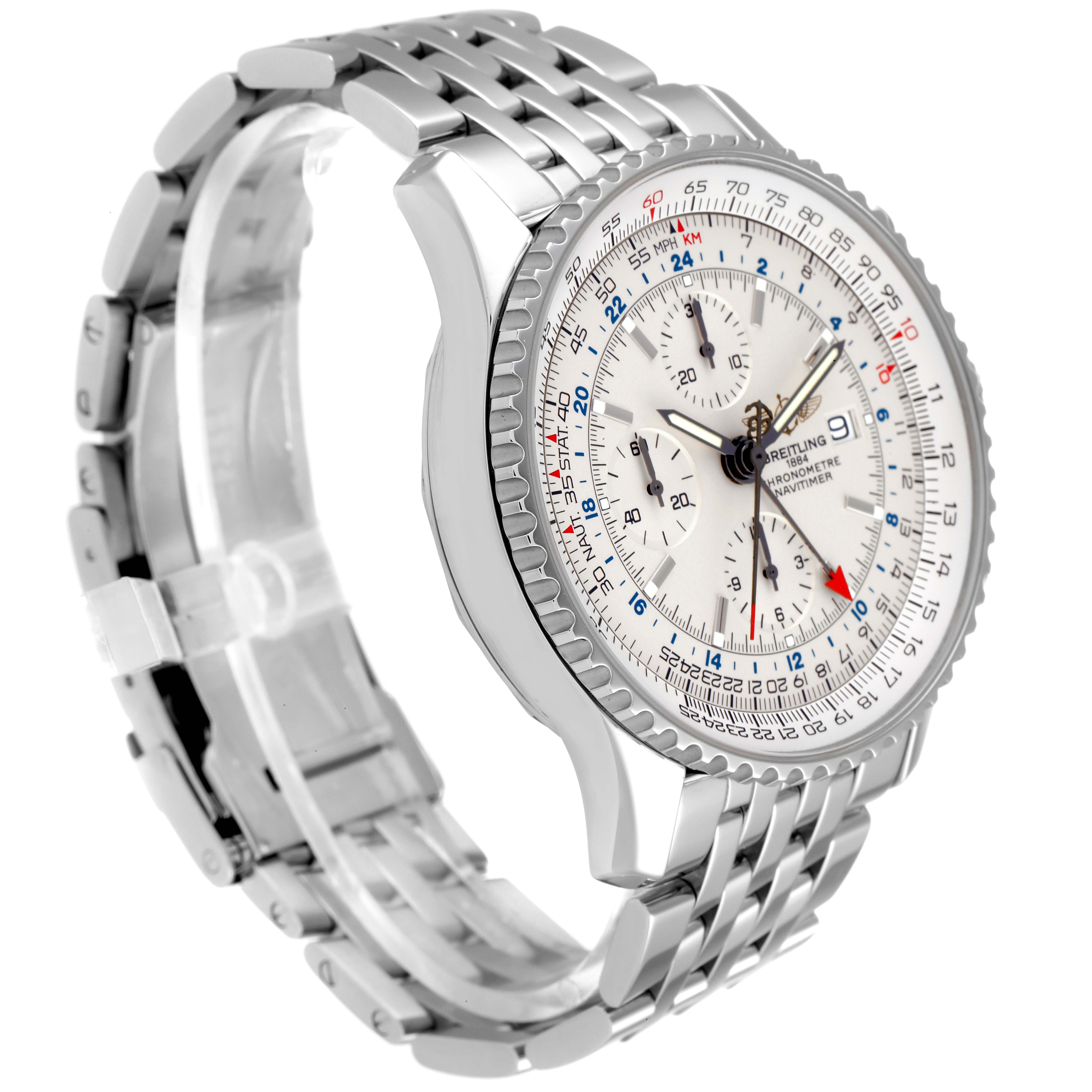 The image shows a Breitling Navitimer A24322 Men
s Stainless Steel Silver Dial A24322 Men
s Stainless Steel Silver Dial watch angled to display its face, bezel, and metal bracelet.