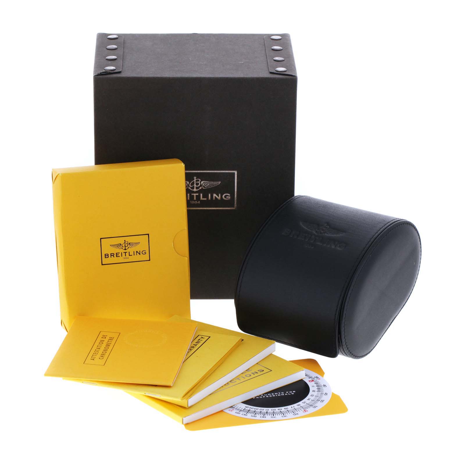 The image shows the packaging and accessories for a Breitling Navitimer A24322 Men
s Stainless Steel Silver Dial A24322 Men
s Stainless Steel Silver Dial watch, including a box, manuals, and a leather travel case.