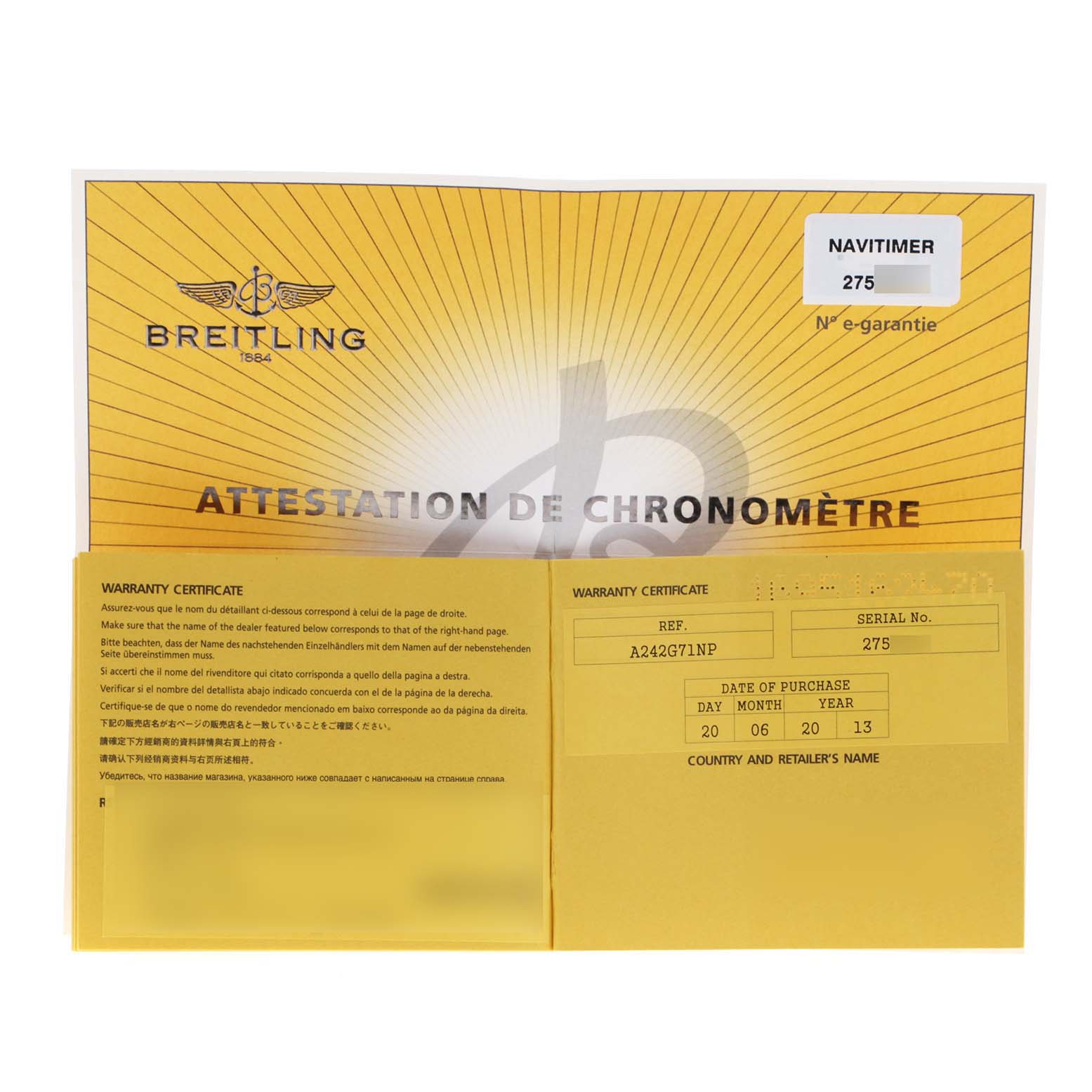 This image shows the warranty certificate for a Breitling Navitimer A24322 Men
s Stainless Steel Silver Dial A24322 Men
s Stainless Steel Silver Dial watch model with a reference number and serial number.