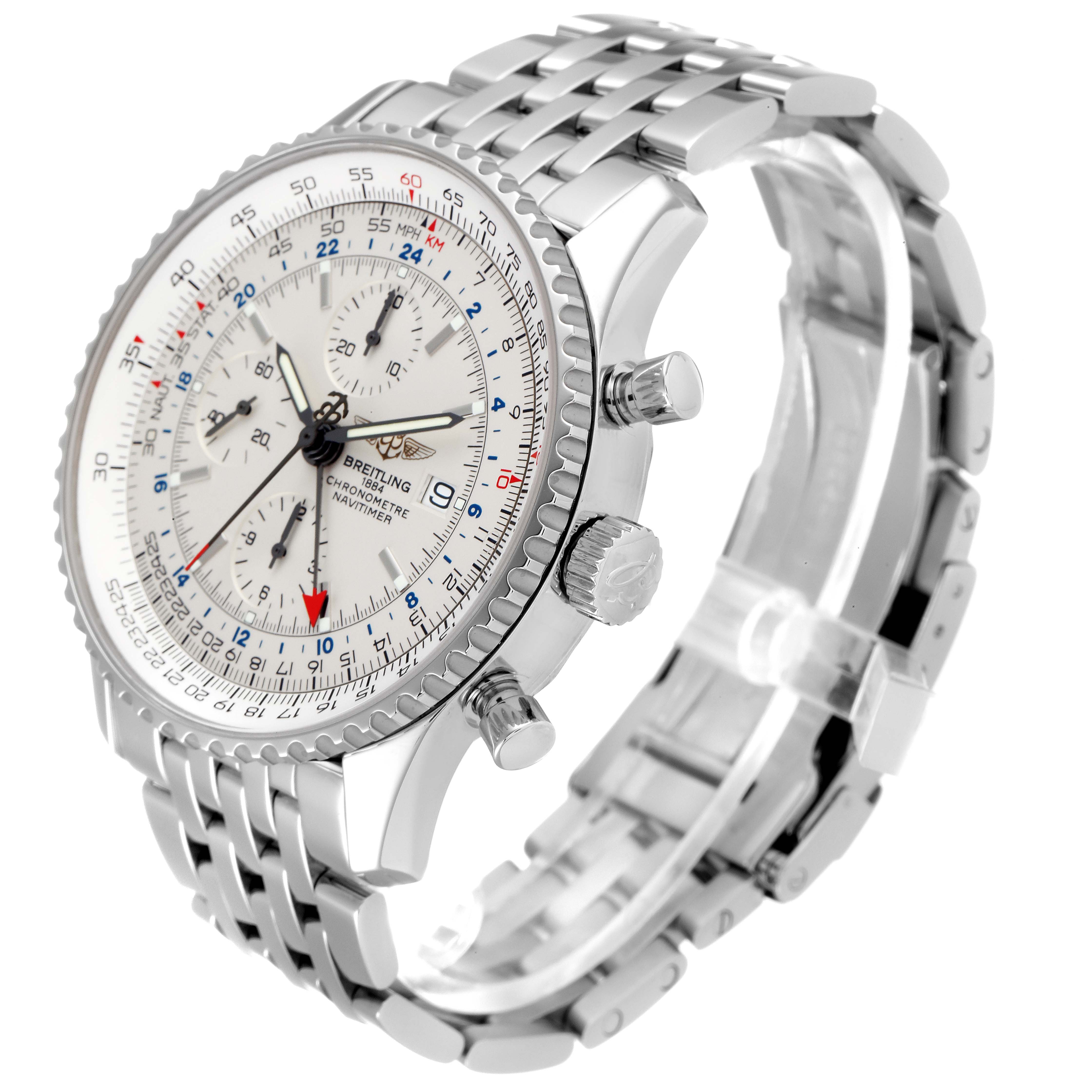 The image shows a Breitling Navitimer A24322 Men
s Stainless Steel Silver Dial A24322 Men
s Stainless Steel Silver Dial watch at a three-quarter angle, highlighting its face, bezel, crown, pushers, and bracelet.