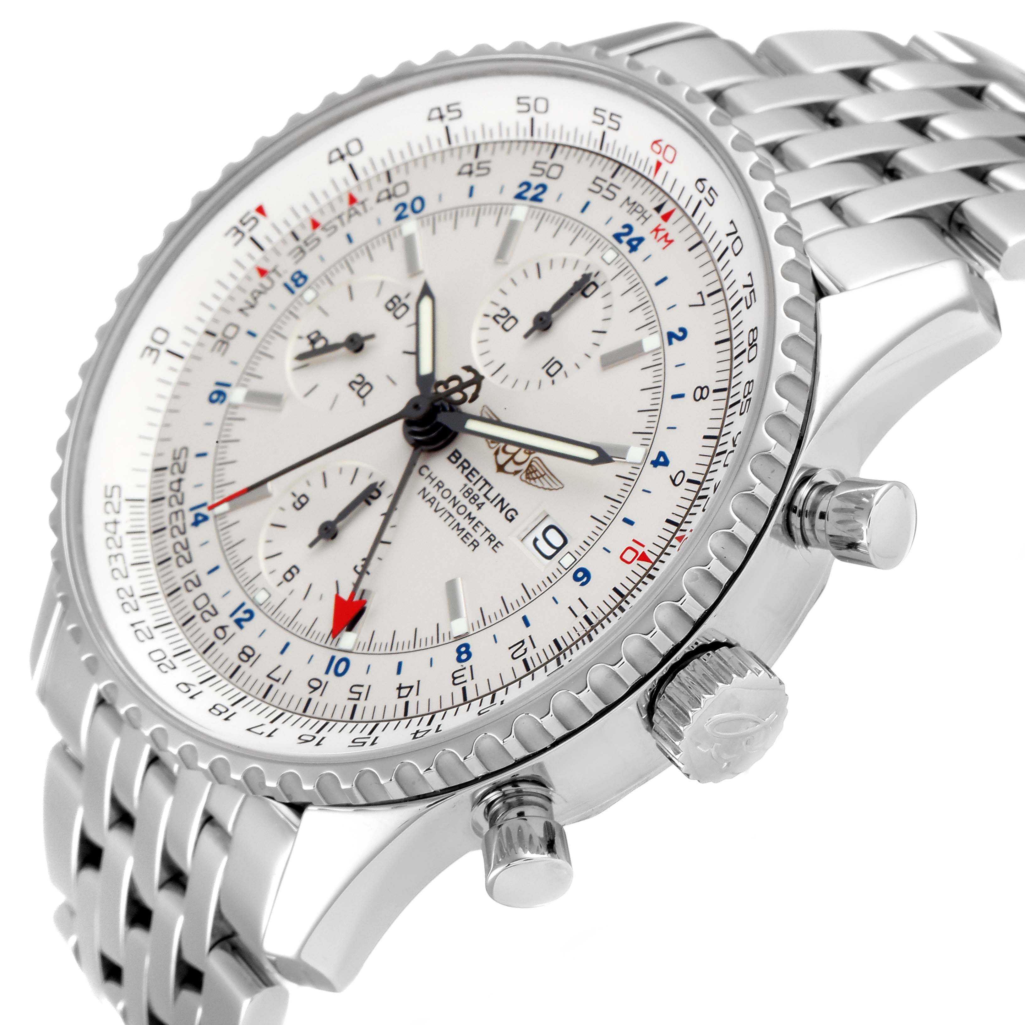 The image shows a Breitling Navitimer A24322 Men
s Stainless Steel Silver Dial A24322 Men
s Stainless Steel Silver Dial watch with a side angle, highlighting its bezel, crown, dial, and metal bracelet.