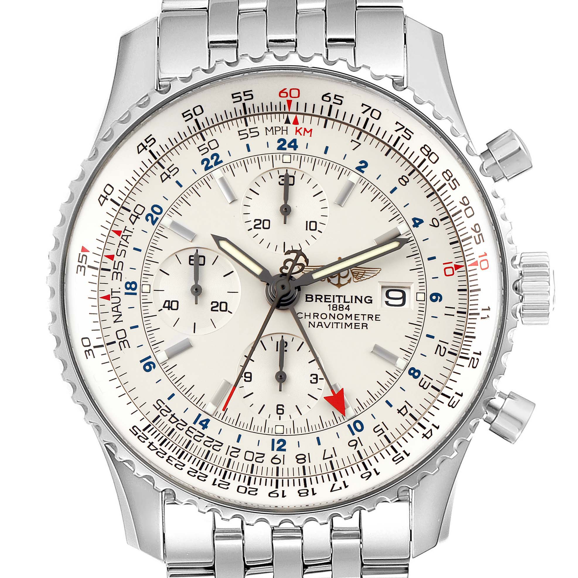 This Breitling Navitimer A24322 Men
s Stainless Steel Silver Dial A24322 Men
s Stainless Steel Silver Dial watch is shown from a front angle, highlighting its dial, bezel, and stainless steel bracelet.