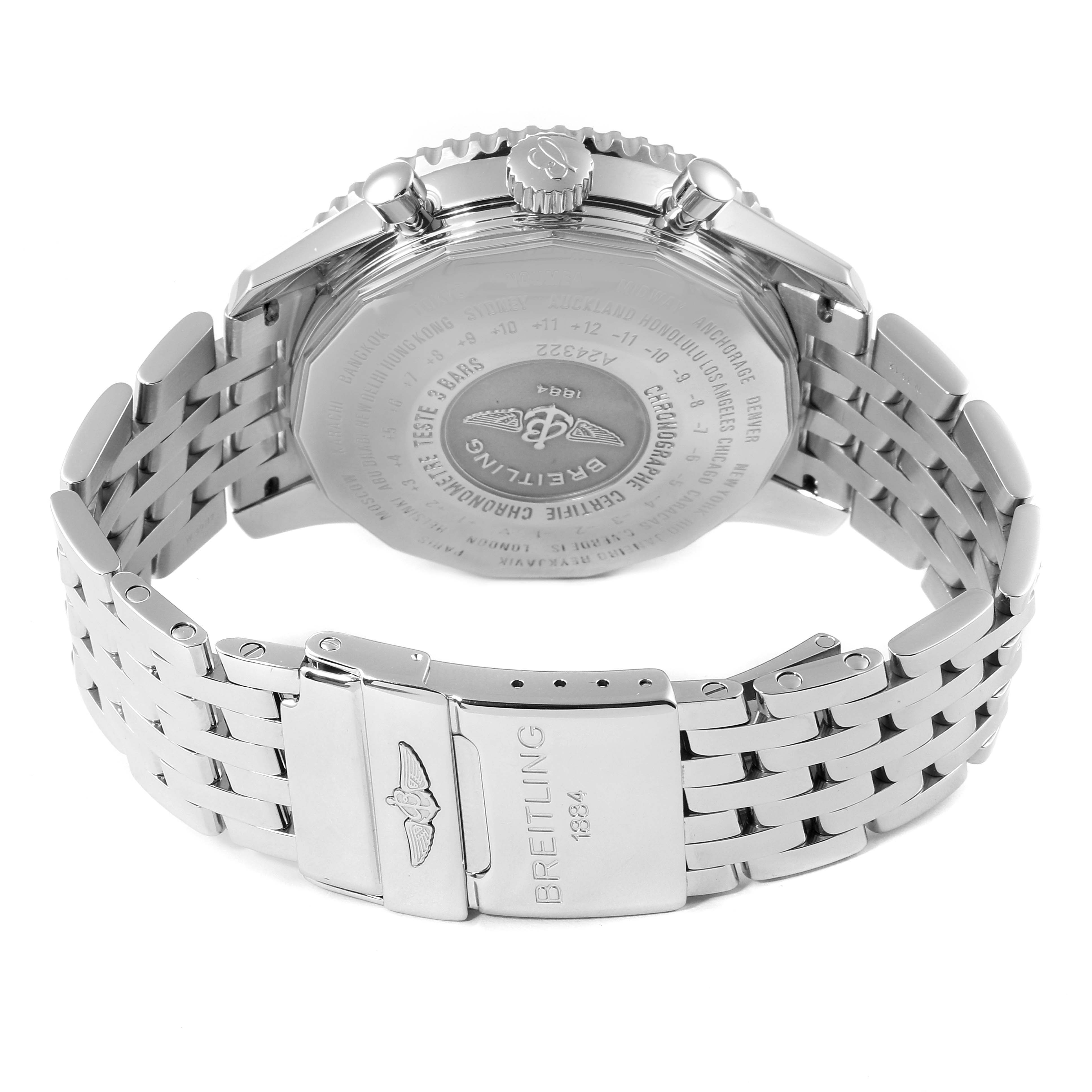 The image shows the rear and clasp of a Breitling Navitimer A24322 Men
s Stainless Steel Silver Dial A24322 Men
s Stainless Steel Silver Dial watch, highlighting the case back, crown, and metal bracelet.