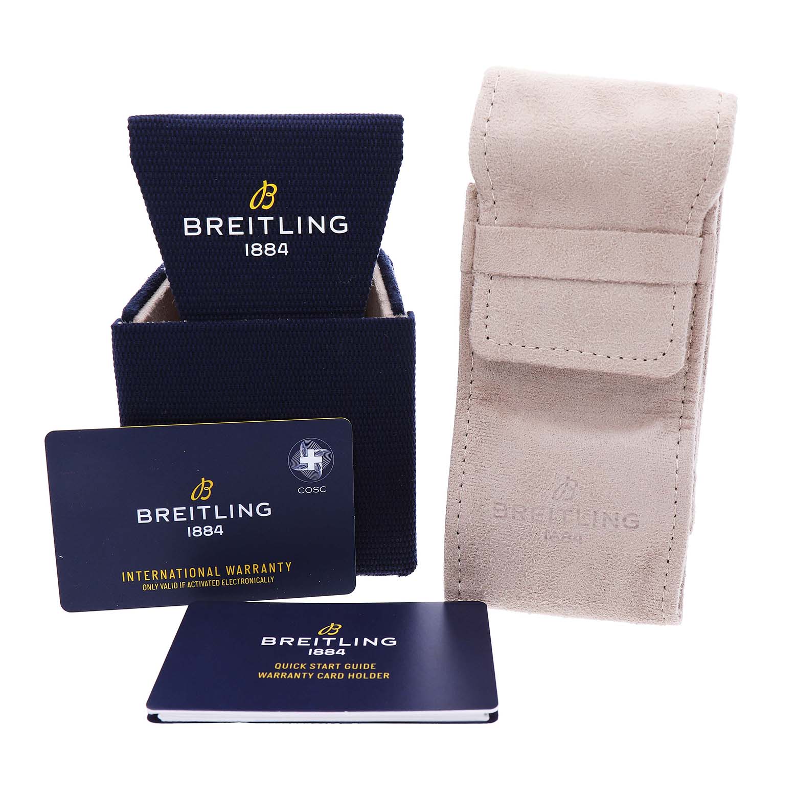 The image shows a Breitling Premier AB0118 Men's Stainless Steel Silver Dial model watch box, suede pouch, warranty card, and quick start guide displayed from the front.