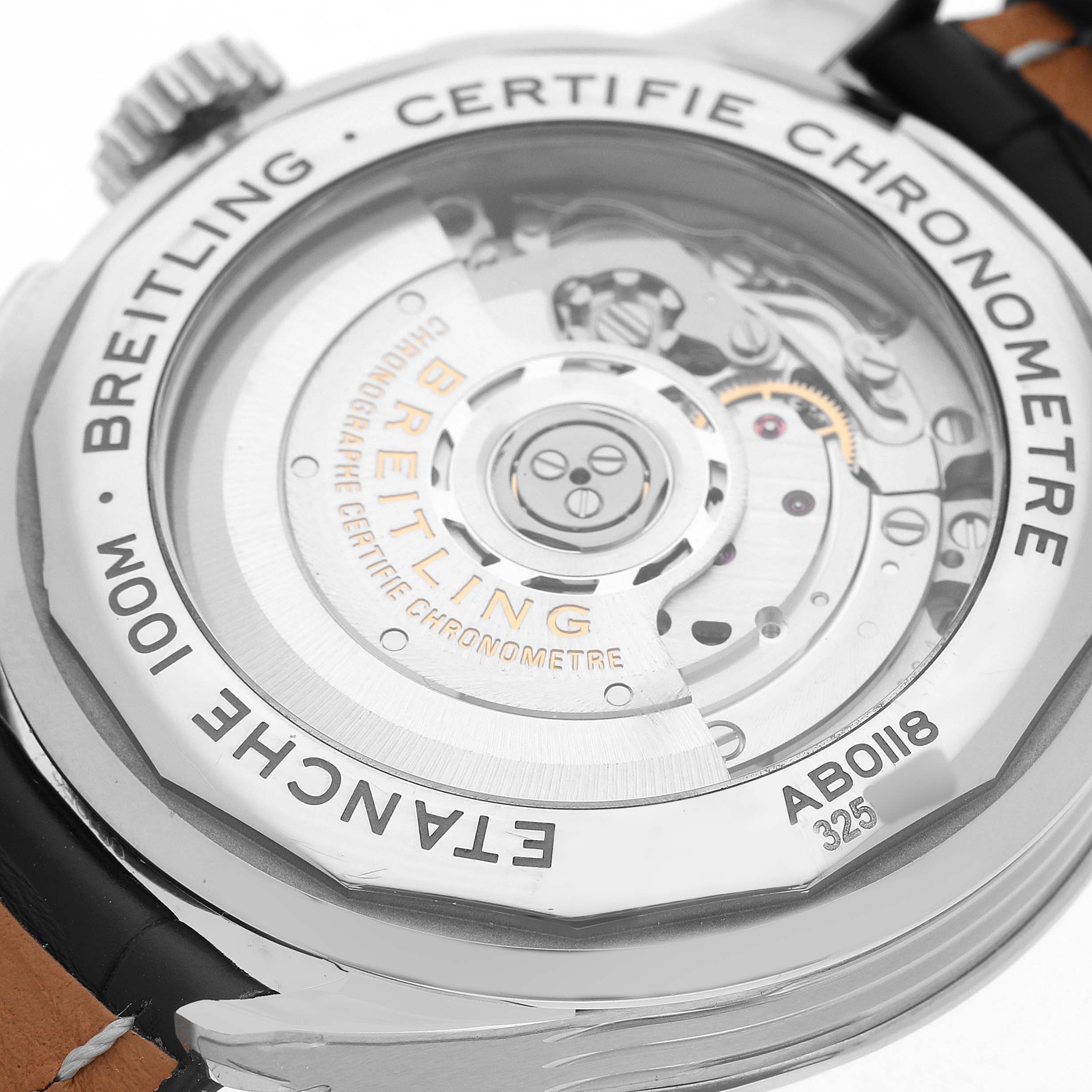 The image shows the back view of a Breitling Premier AB0118 Men's Stainless Steel Silver Dial watch, highlighting the movement and case details.