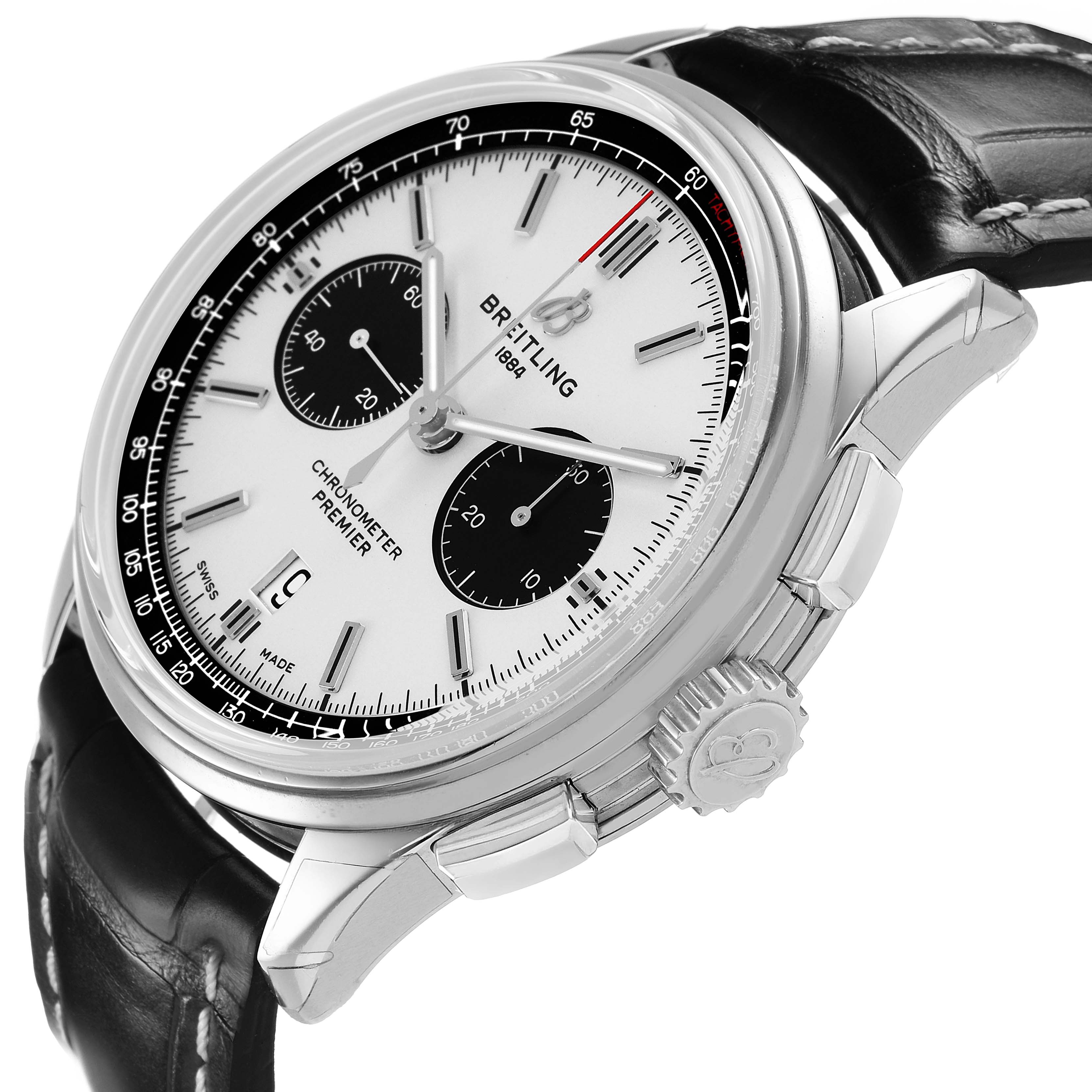 The Breitling Premier AB0118 Men's Stainless Steel Silver Dial watch is shown at a three-quarter side angle, highlighting the dial, subdials, crown, and strap.
