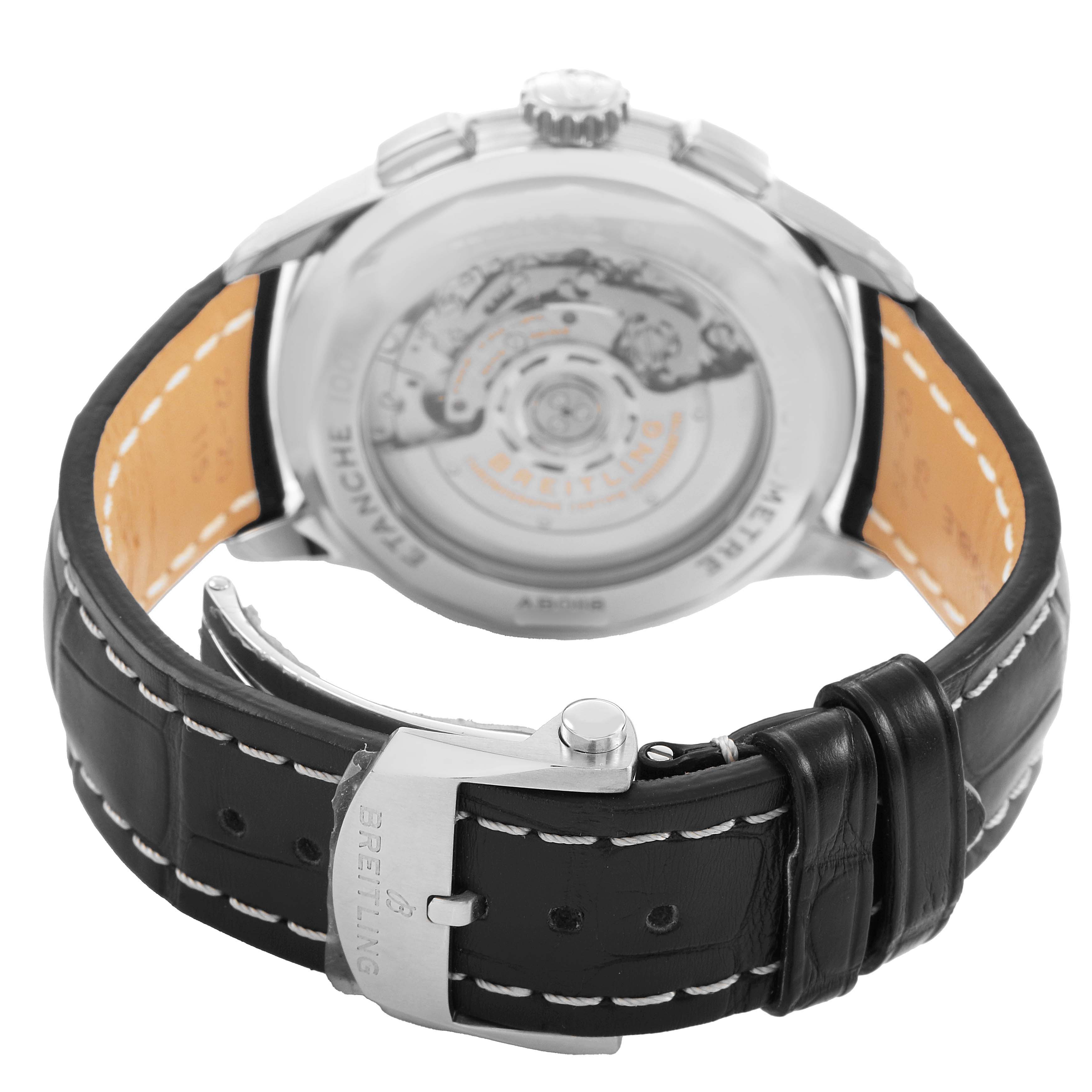 The image shows the back view of a Breitling Premier AB0118 Men's Stainless Steel Silver Dial model, highlighting its transparent case back and leather strap with a clasp.