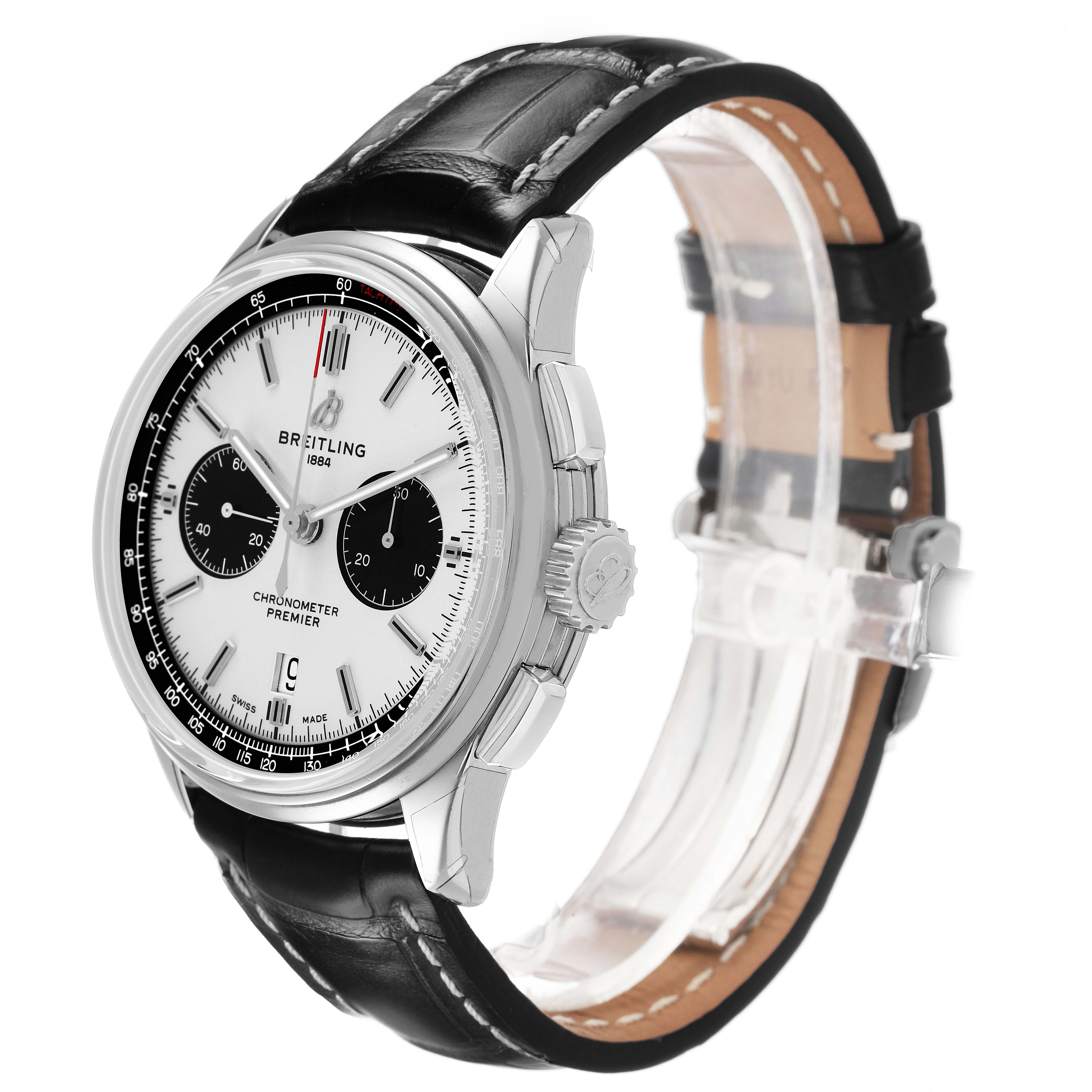 The Breitling Premier AB0118 Men's Stainless Steel Silver Dial watch is shown at a three-quarter angle, highlighting the dial, bezel, crown, pushers, and leather strap.