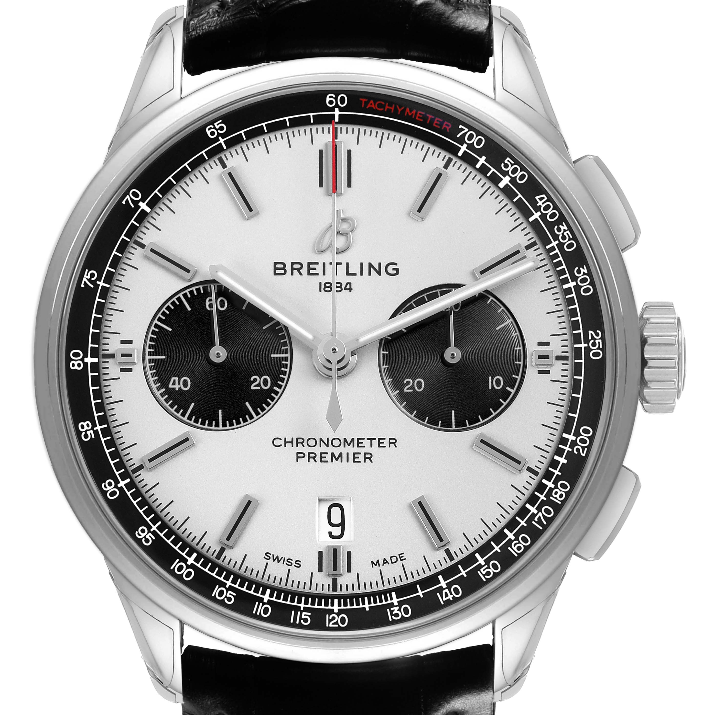 The Breitling Premier AB0118 Men's Stainless Steel Silver Dial watch is shown from a front angle, displaying its face, subdials, and crown.