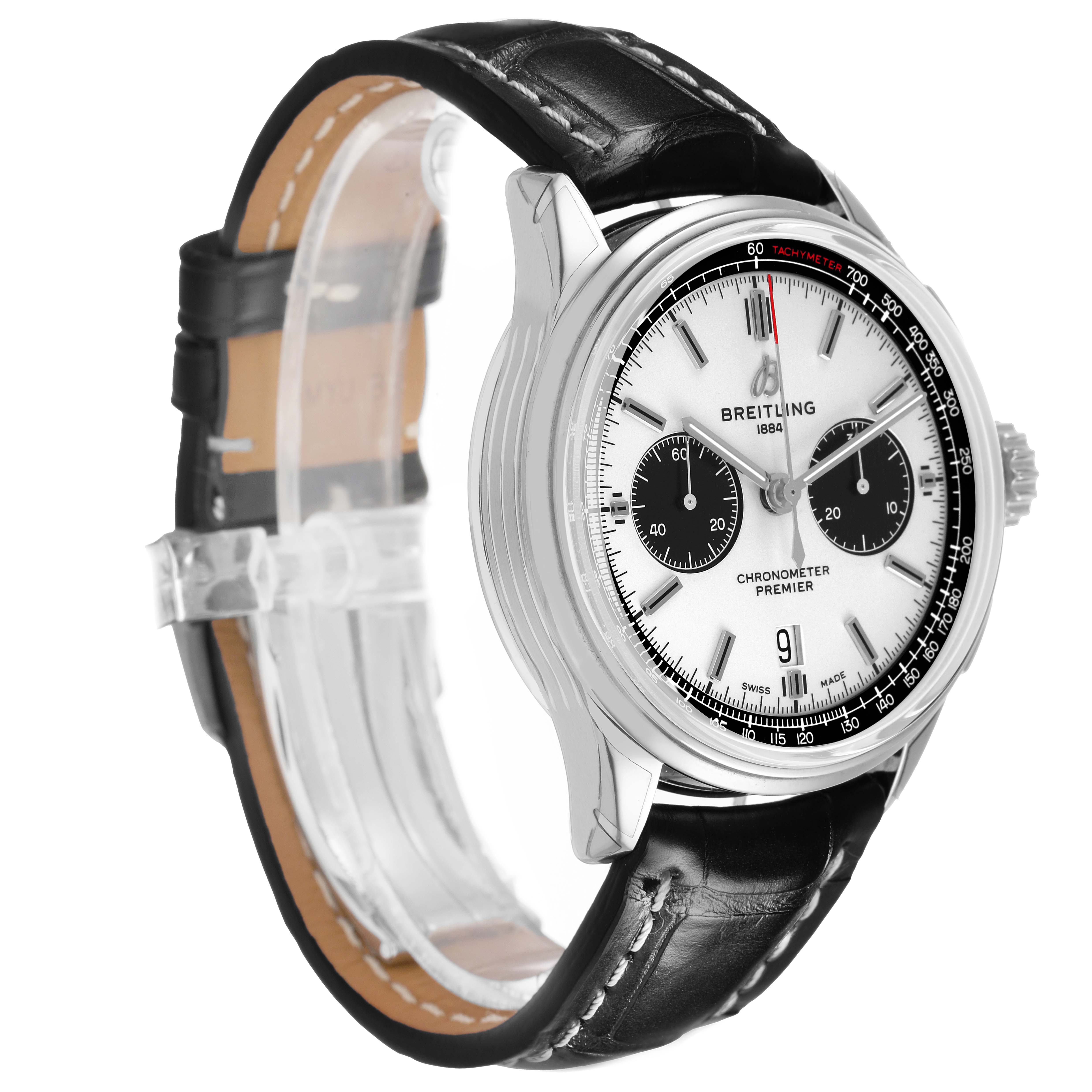 The Breitling Premier AB0118 Men's Stainless Steel Silver Dial model watch is shown at a three-quarter angle, displaying the face, bezel, and side with a black leather strap.
