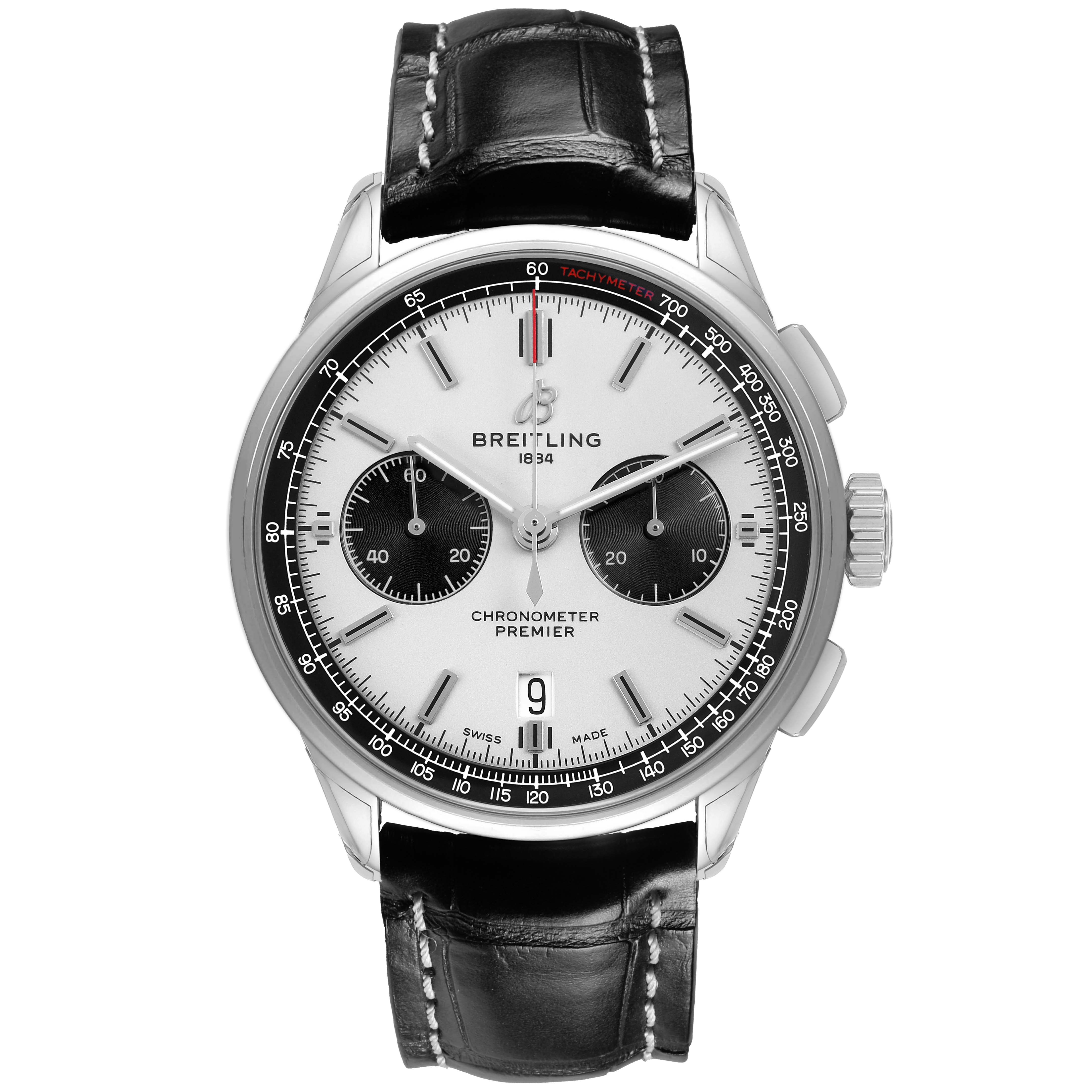 The Breitling Premier AB0118 Men's Stainless Steel Silver Dial watch is shown from the front, displaying its dial, subdials, and leather strap.