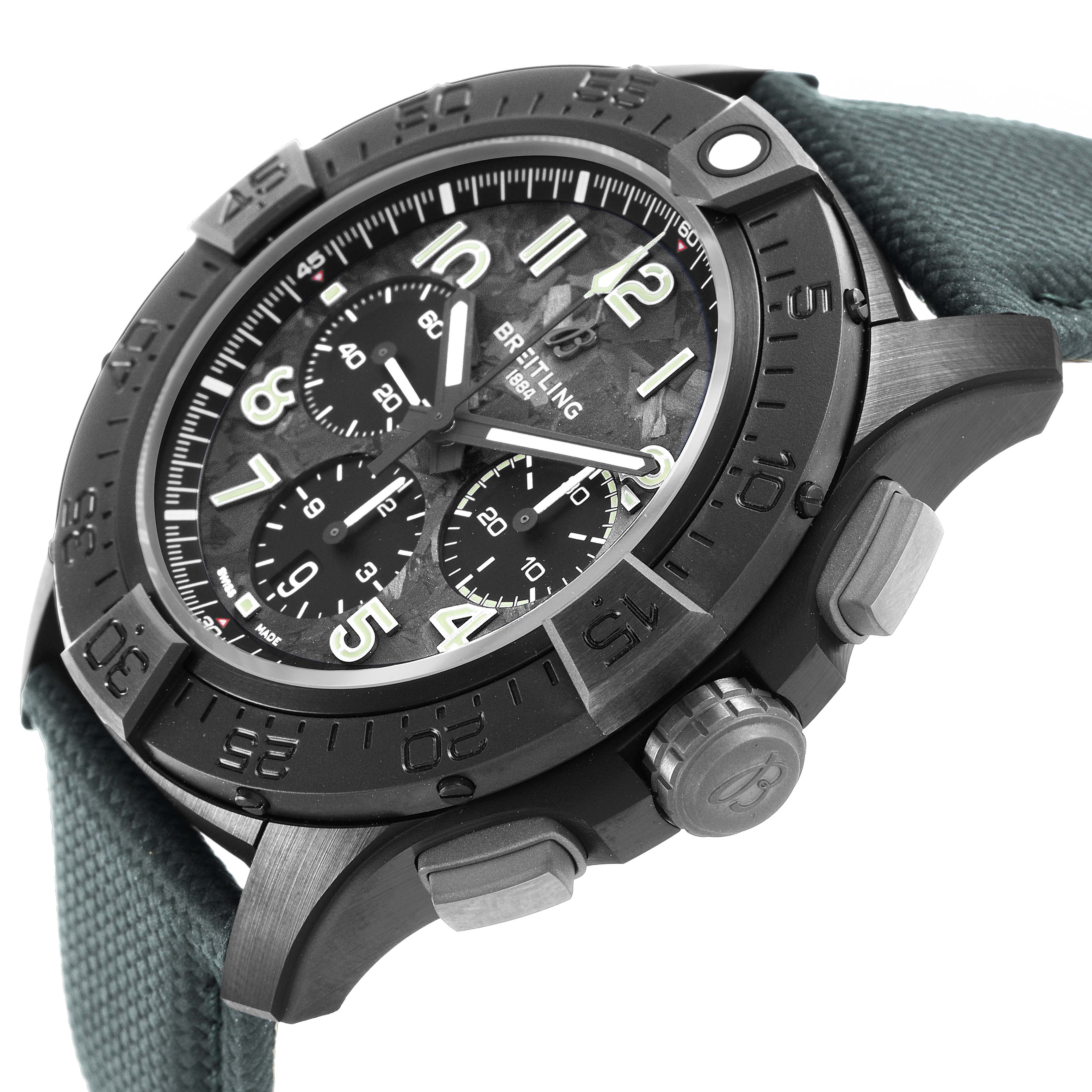 The Breitling Avenger SB0148101B1X1 Men's Ceramic Black Dial watch is shown at an angle highlighting the face, bezel, chronograph dials, and side pushers.