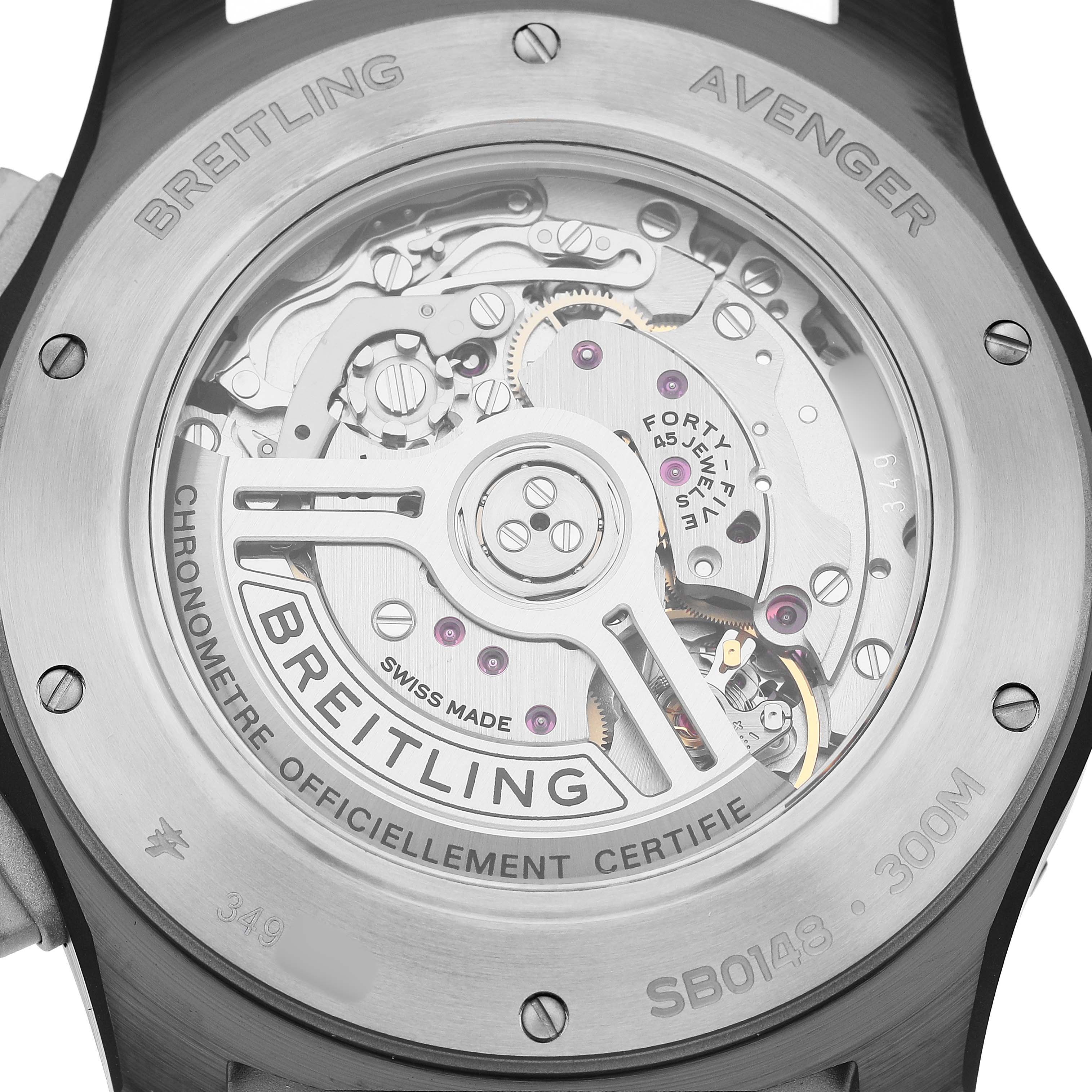 The image shows the back case of a Breitling Avenger SB0148101B1X1 Men's Ceramic Black Dial watch, displaying its intricate movement and engravings.