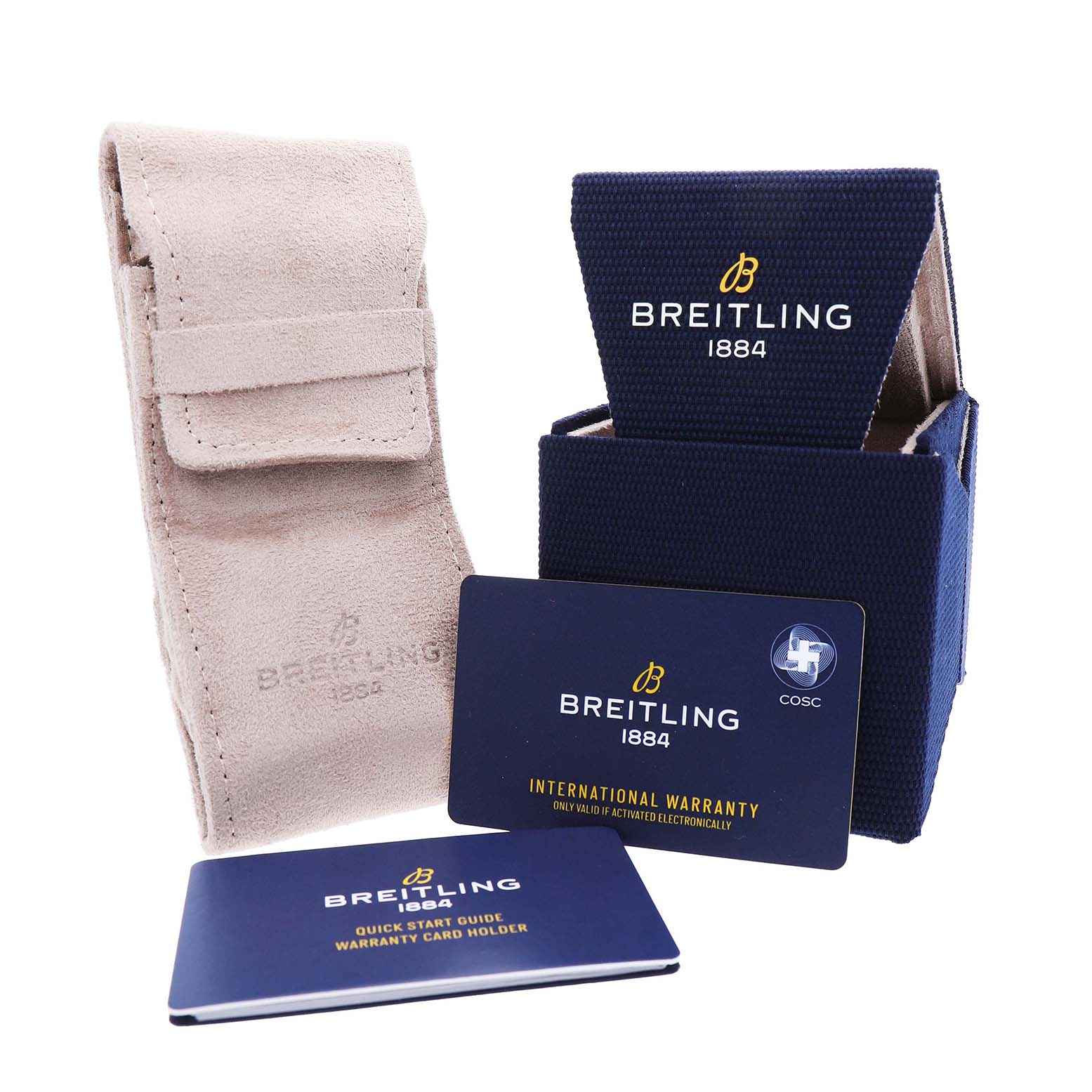 The image shows Breitling Avenger SB0148101B1X1 Men's Ceramic Black Dial packaging, including a pouch, box, and documentation at a slightly elevated angle.