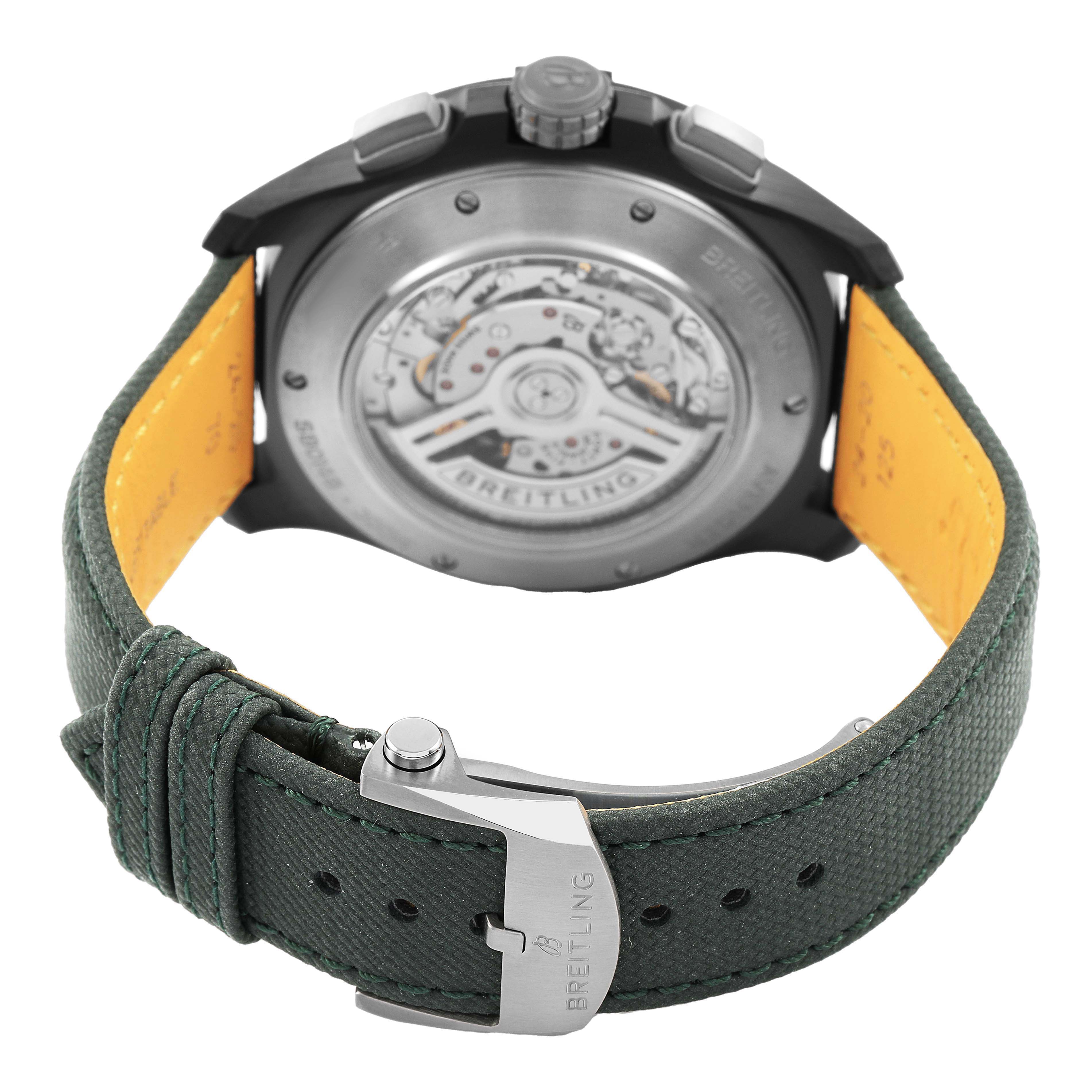 The Breitling Avenger SB0148101B1X1 Men's Ceramic Black Dial watch is shown from the back, displaying the transparent case back and part of the strap with a clasp.