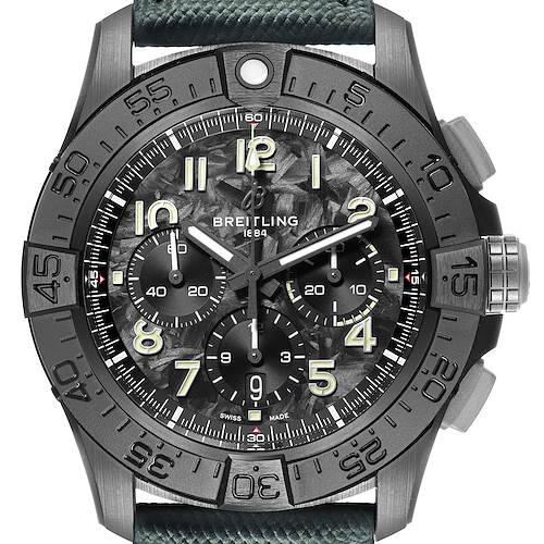 The Breitling Avenger SB0148101B1X1 Men's Ceramic Black Dial watch is shown from the front, highlighting the dial, bezel, and textured strap.