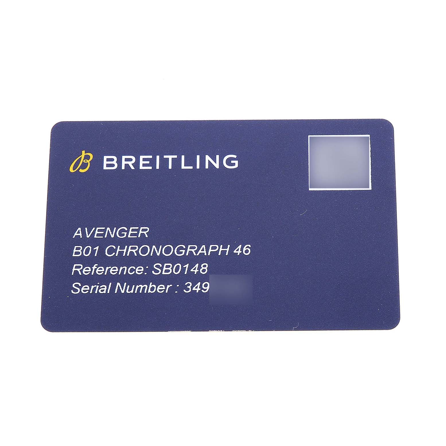 The image shows a Breitling Avenger SB0148101B1X1 Men's Ceramic Black Dial B01 Chronograph 46 warranty card with reference and serial numbers.