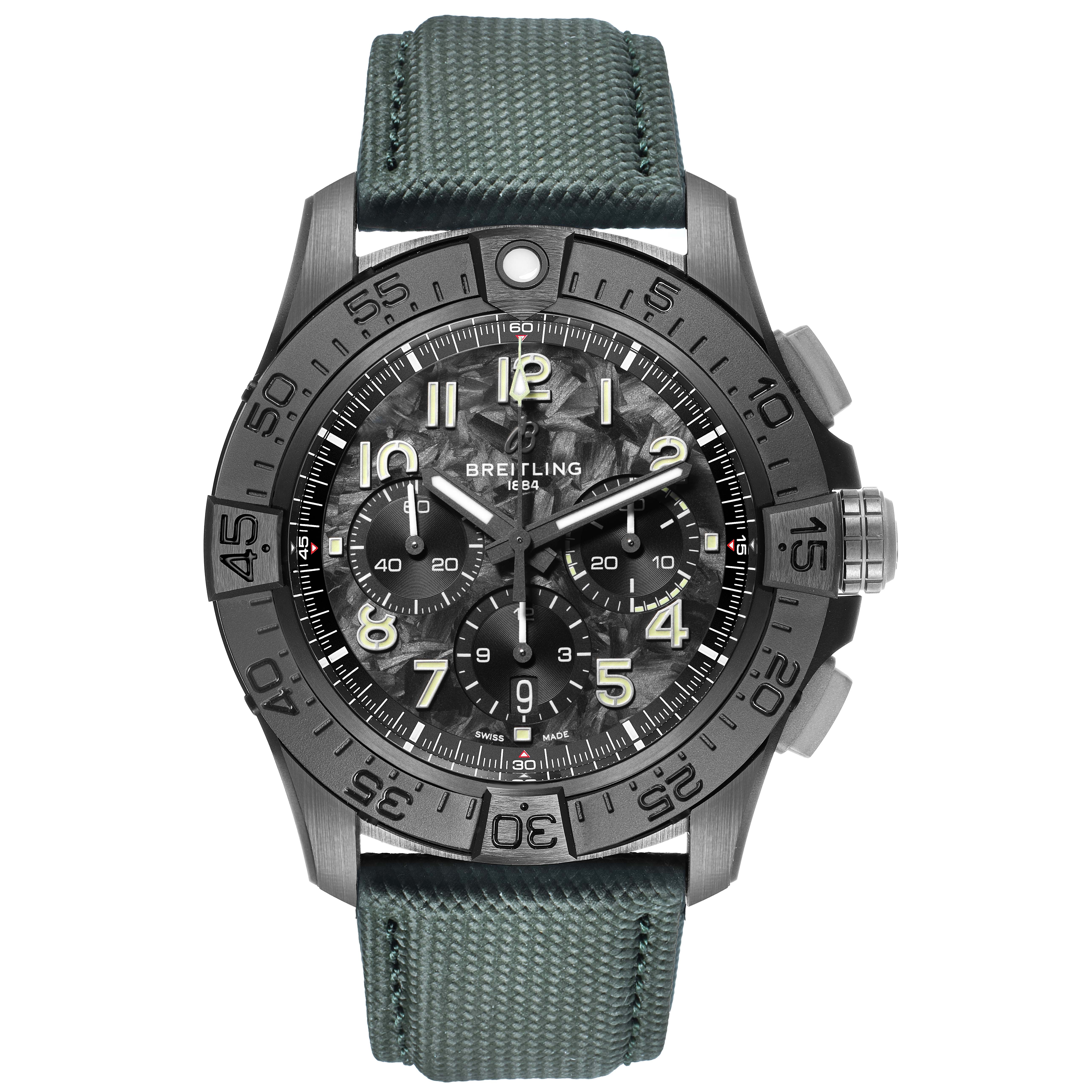 The Breitling Avenger SB0148101B1X1 Men's Ceramic Black Dial watch is shown from a top-down angle, highlighting its face, bezel, and strap.