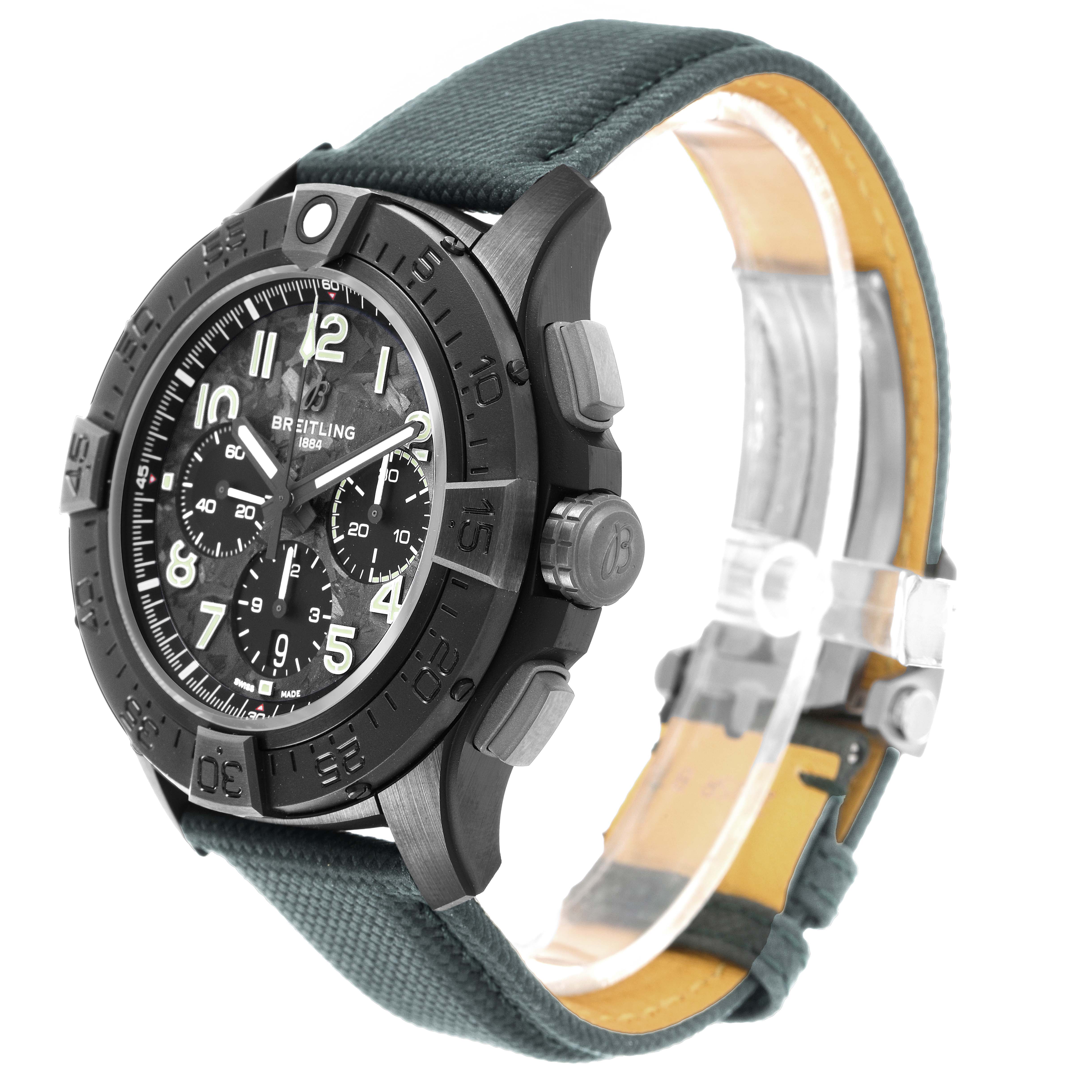 The Breitling Avenger SB0148101B1X1 Men's Ceramic Black Dial watch is shown at a three-quarter angle, highlighting the face, bezel, crown, and strap.