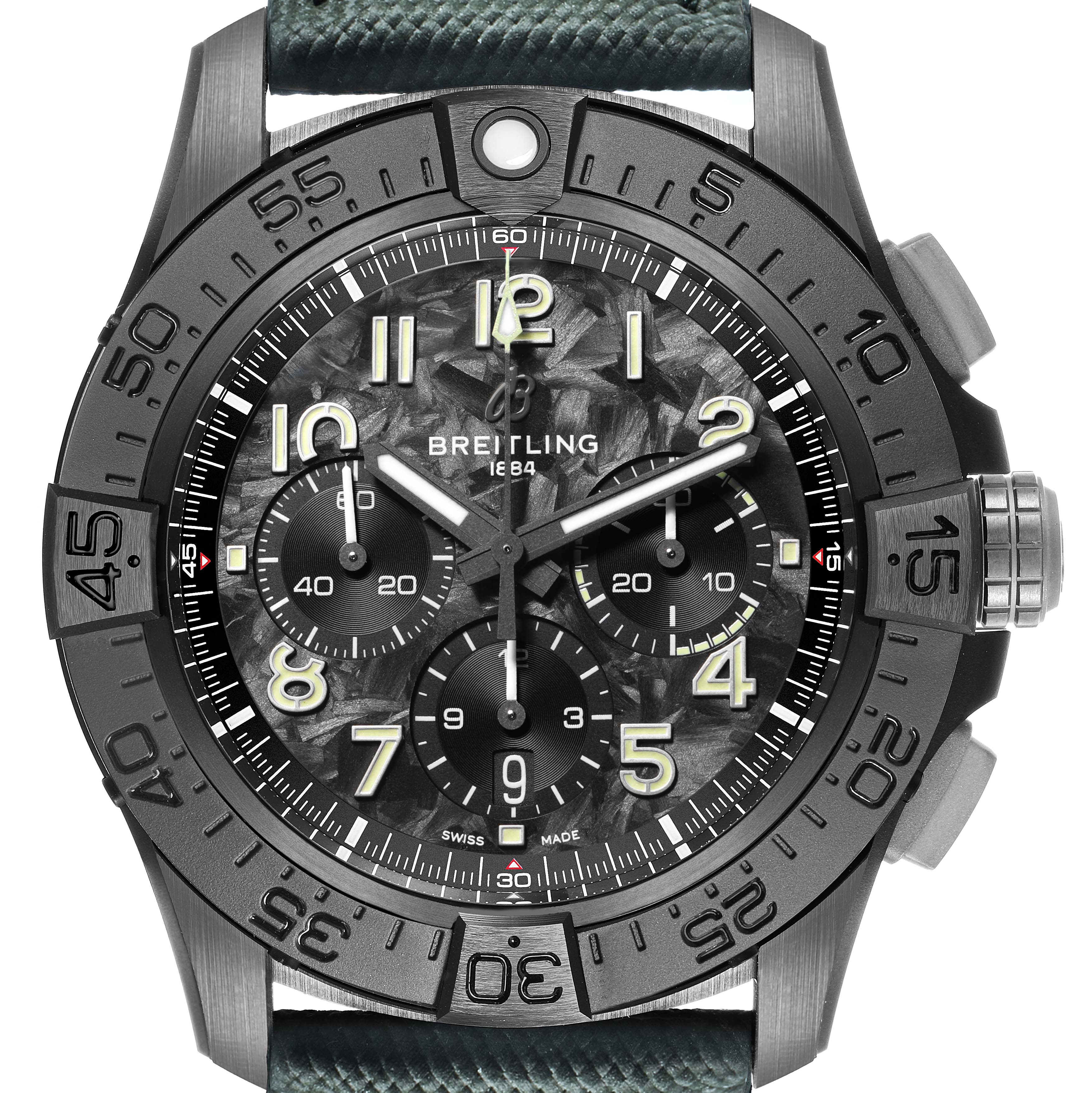 The Breitling Avenger SB0148101B1X1 Men's Ceramic Black Dial watch is shown from a front angle, highlighting the dial, bezel, and subdials.
